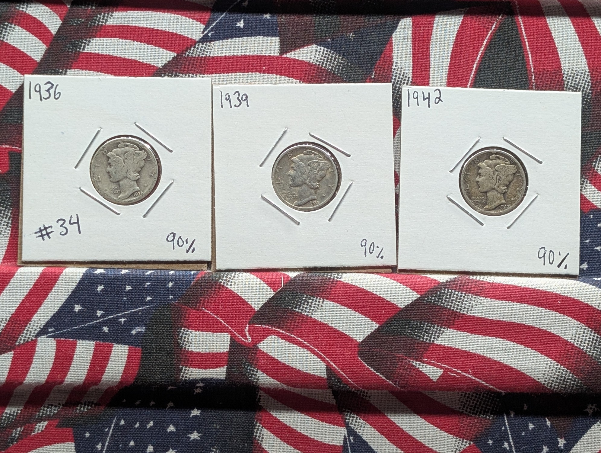1936, 1939, & 1942-D Mercury 90% Silver Dimes