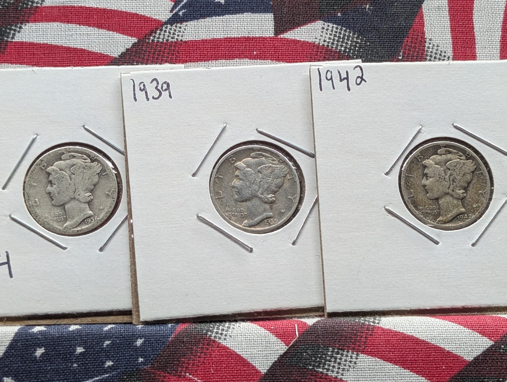 1936, 1939, & 1942-D Mercury 90% Silver Dimes