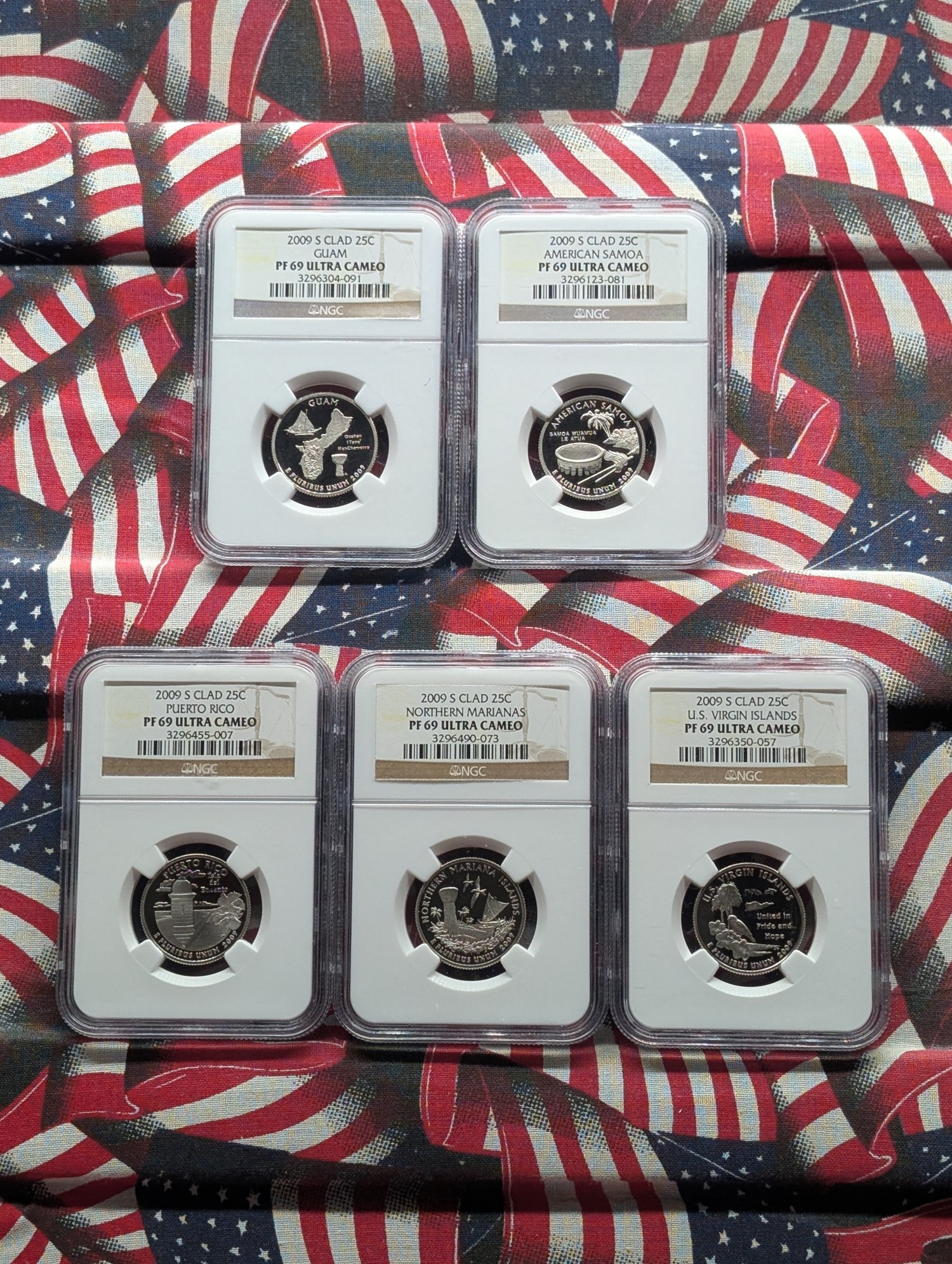 (5) 2009-S Clad Territorial Quarters, Guam, American Samoa, Puerto Rico, Northern Marianas and U.S. Virgin Island, All NGC PF 69 Ultra Cameo