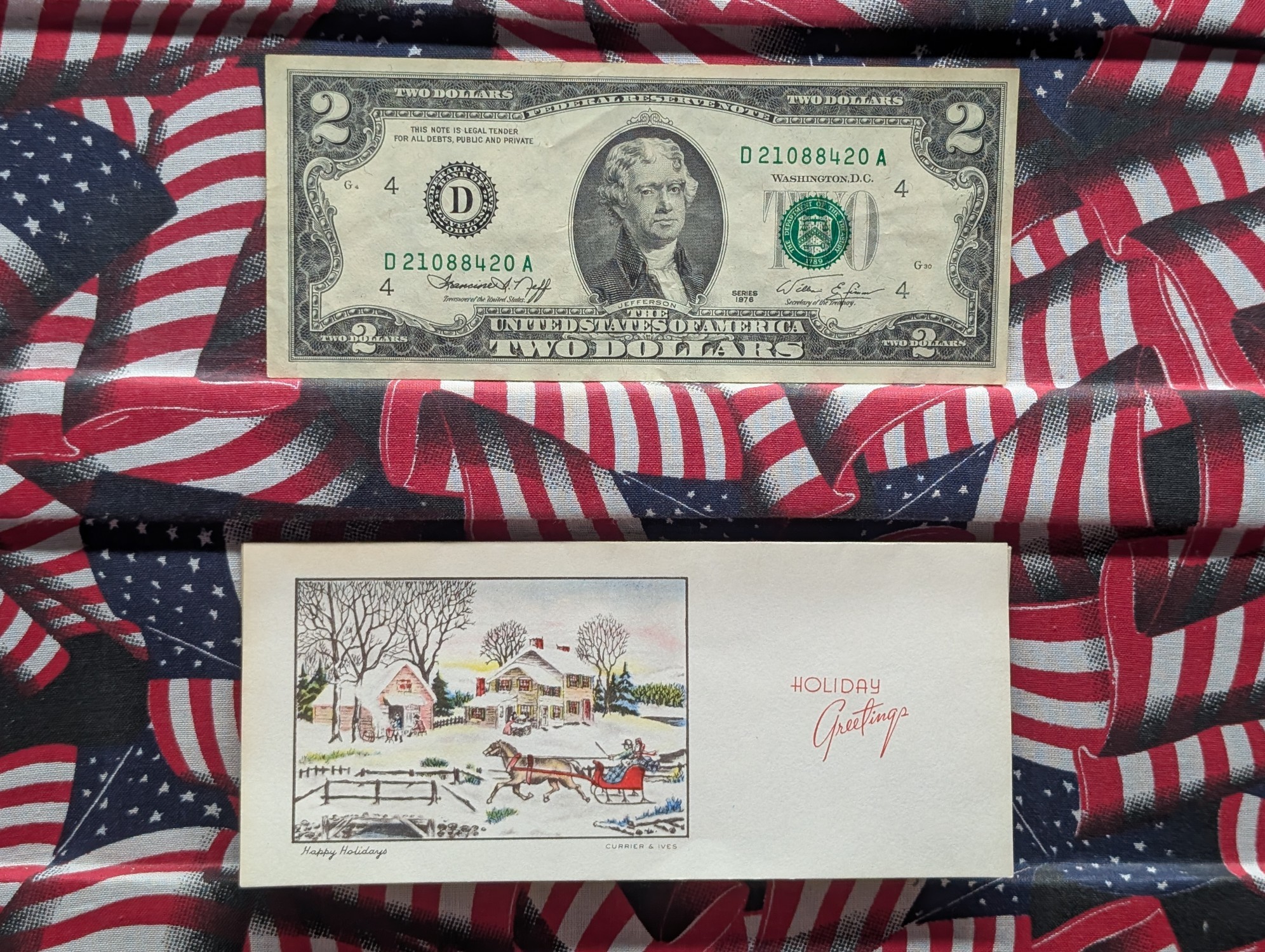 1976 $2 U.S. Bank Note In A Holiday Card