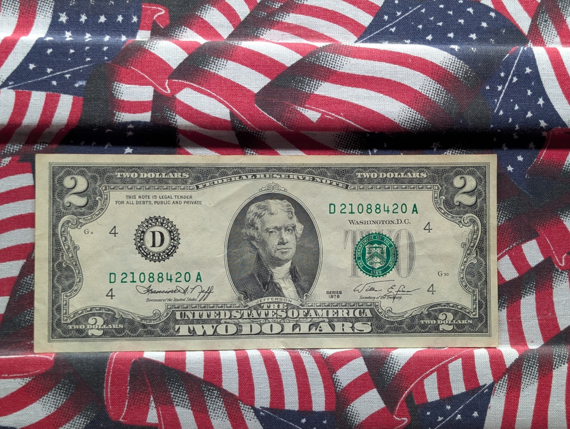 1976 $2 U.S. Bank Note In A Holiday Card