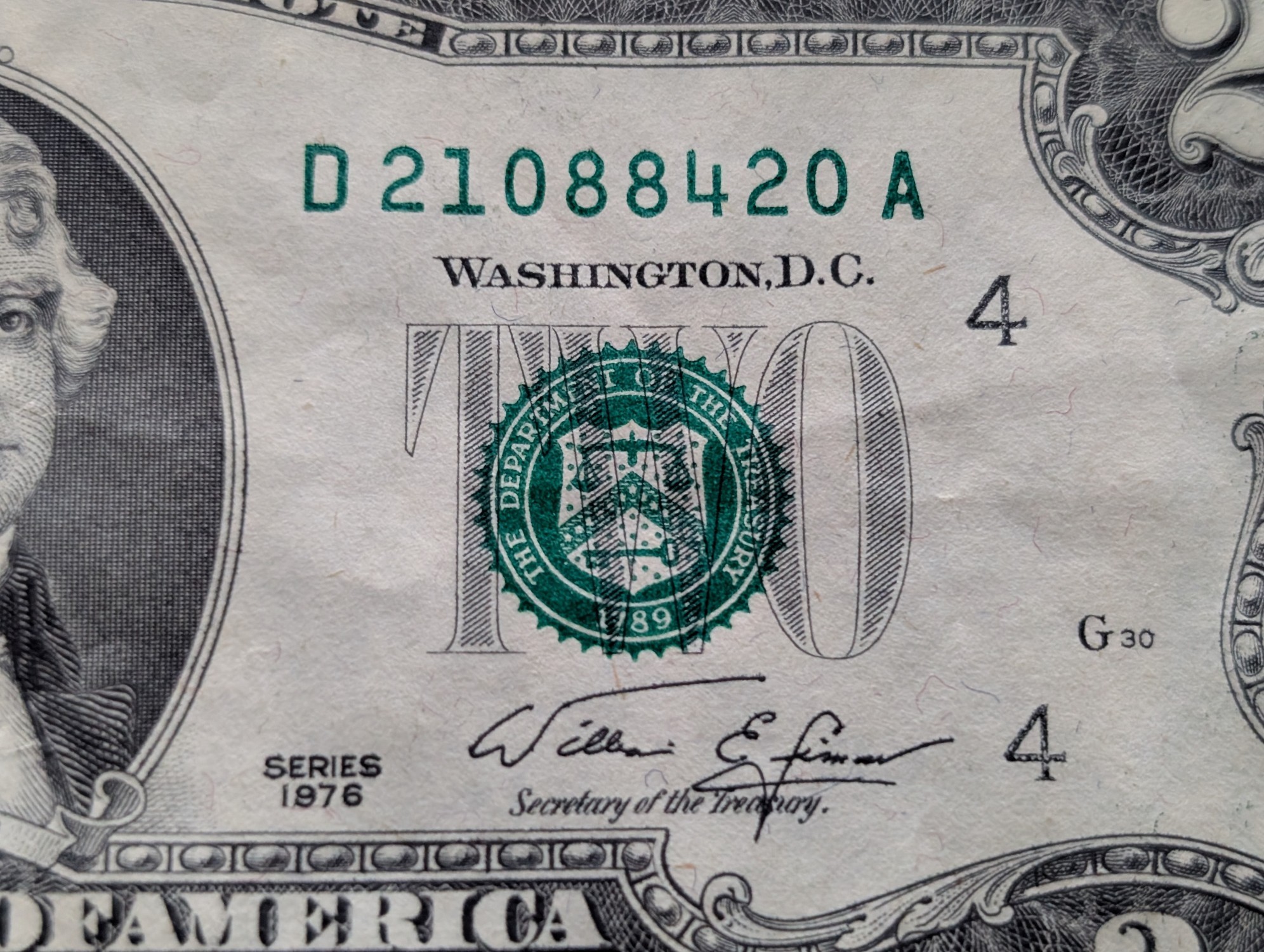 1976 $2 U.S. Bank Note In A Holiday Card