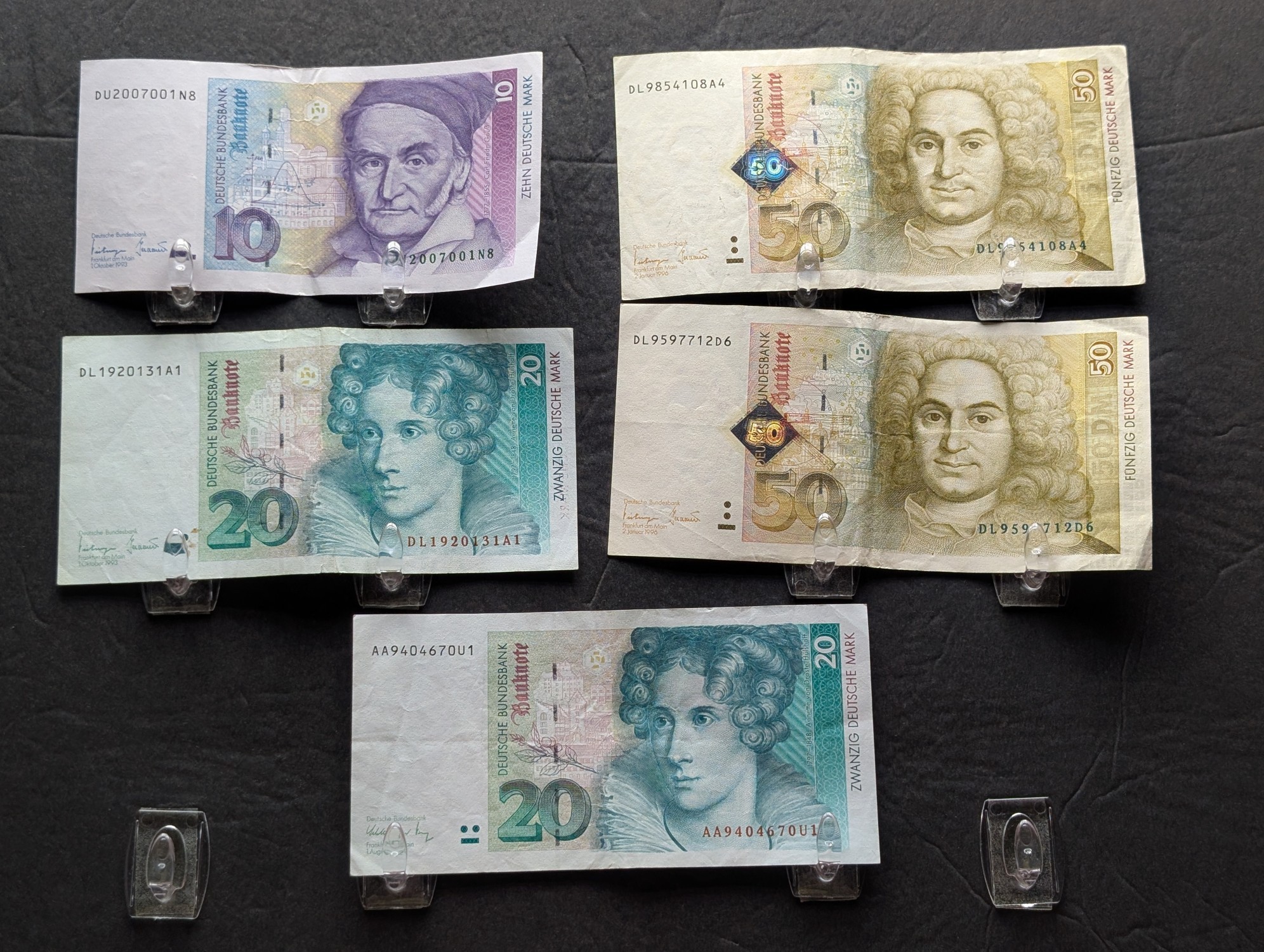 (5) 1991-1996 German Deutsche Mark Banknotes issued in Germany - Includes 10, 20, and 50 DM Denominations