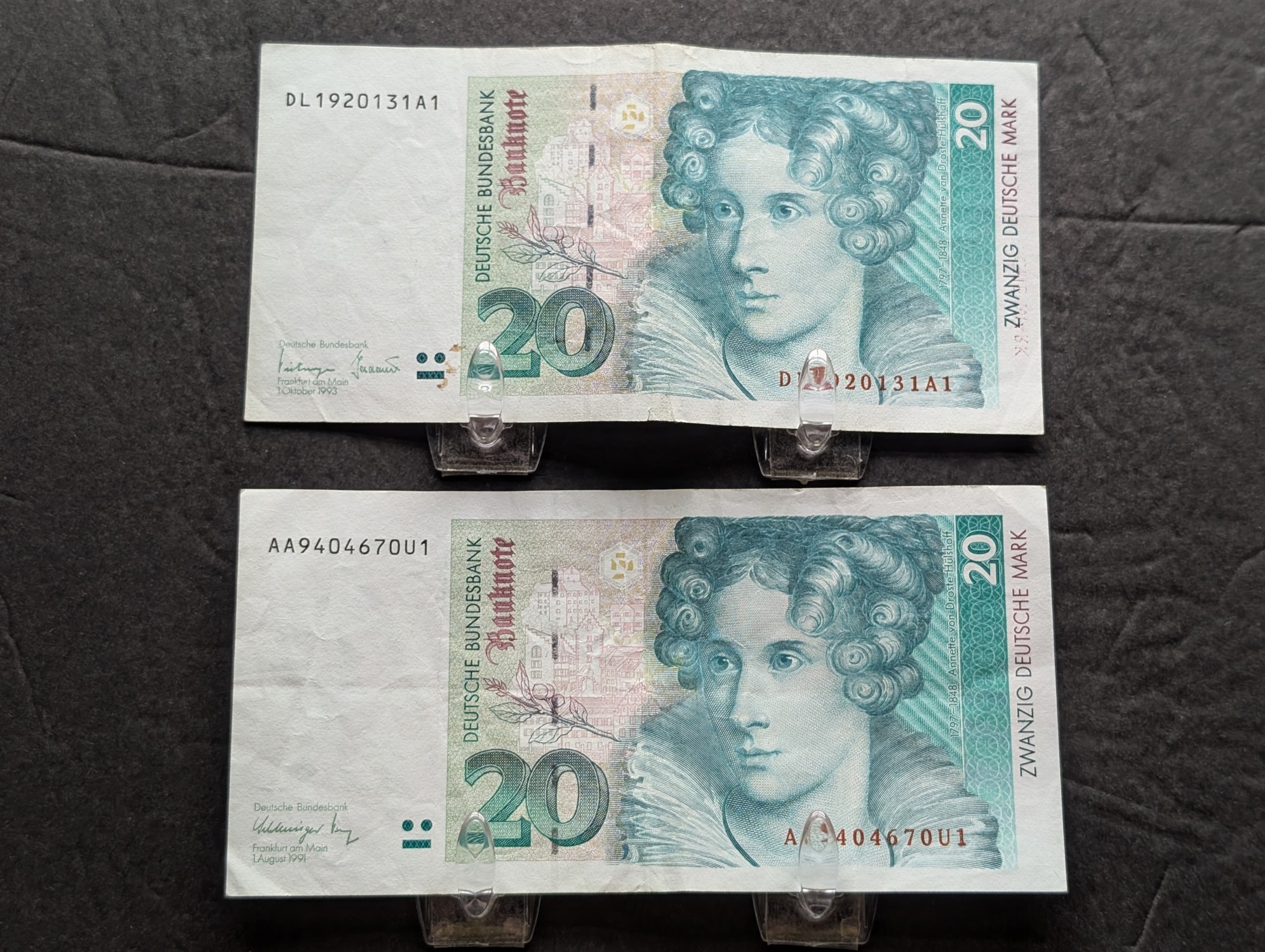 (5) 1991-1996 German Deutsche Mark Banknotes issued in Germany - Includes 10, 20, and 50 DM Denominations