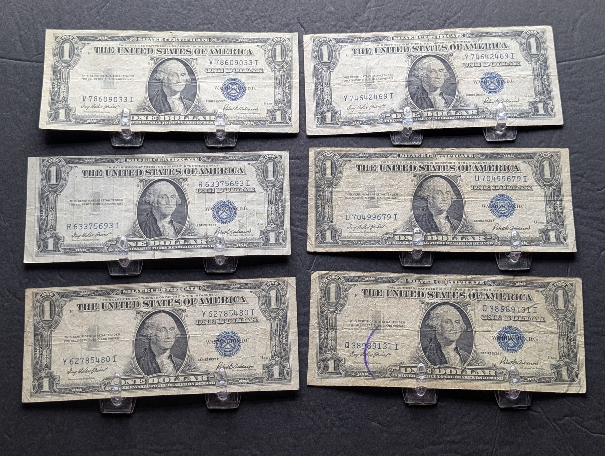 (6) 1935-F US $1 Silver Certificates - Blue Seals, One is a Major Off Centered Note