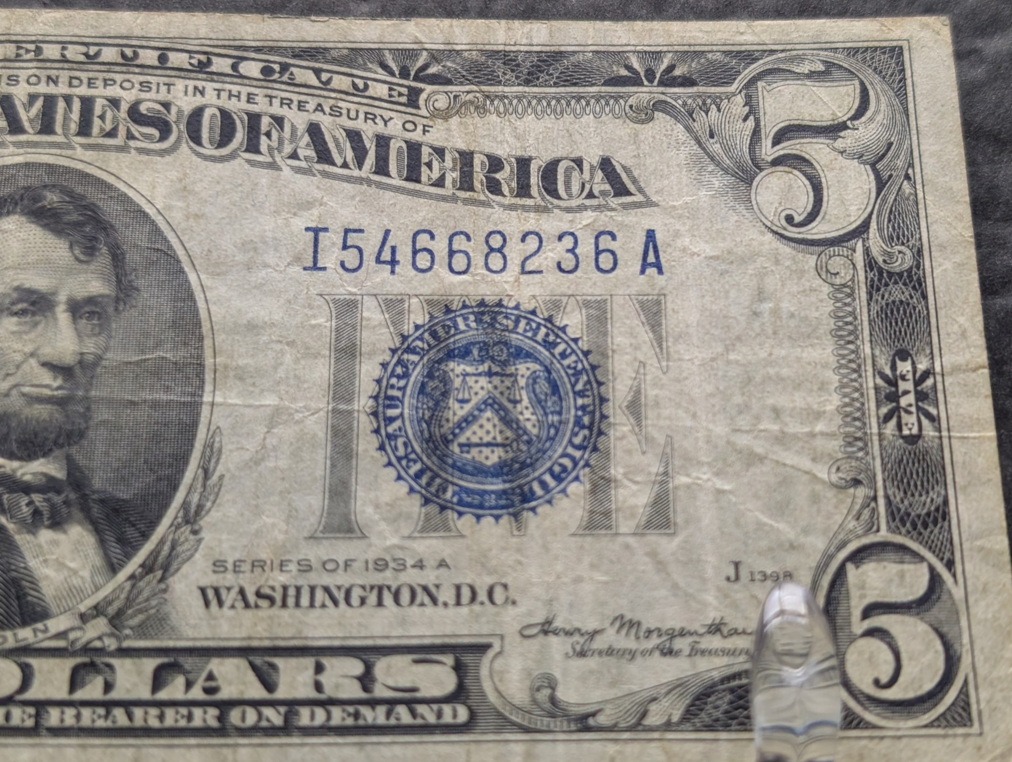 1934-A U.S. $5 Silver Certificate, Blue Seal