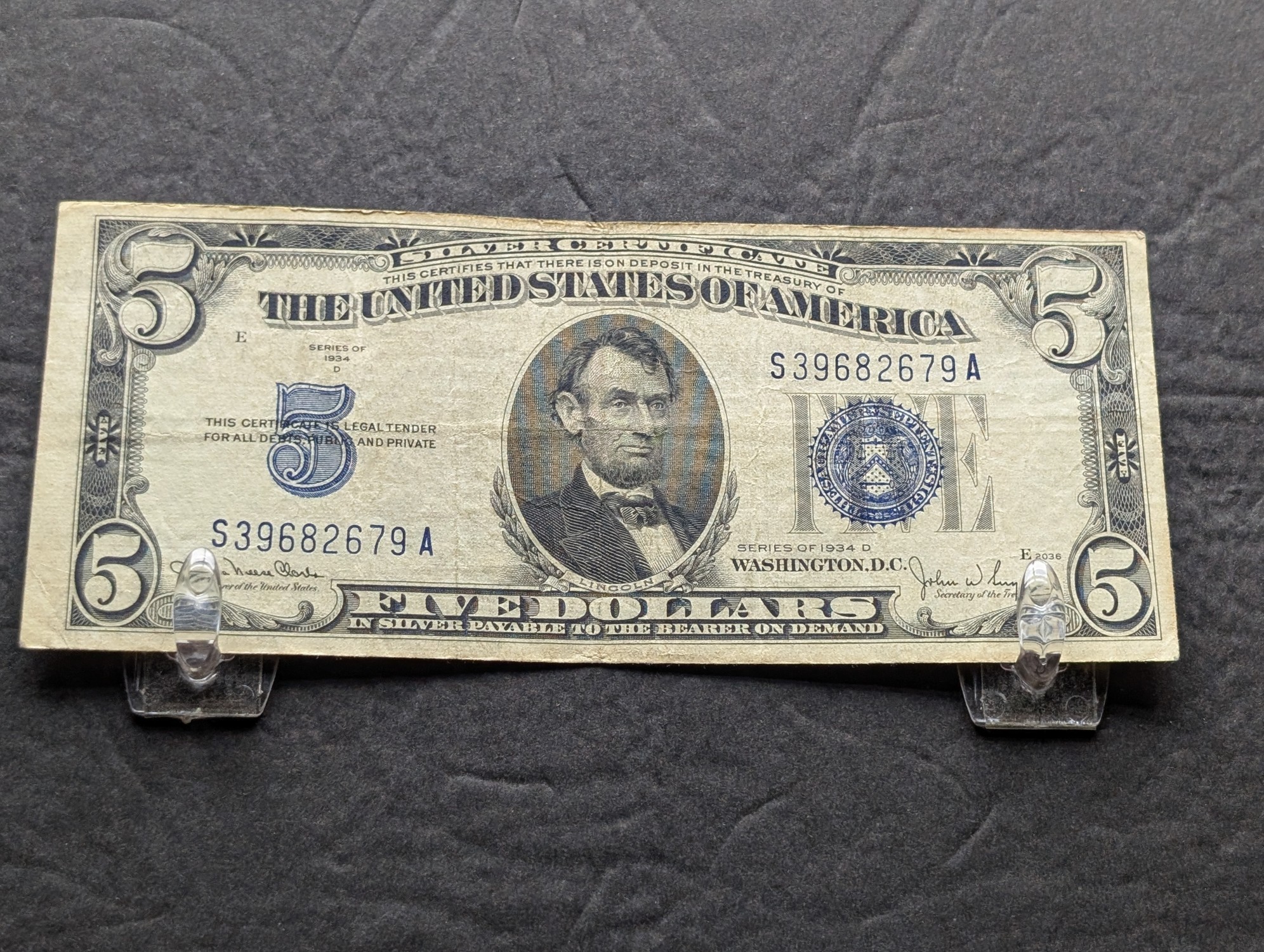 1934 D US $5 Silver Certificate