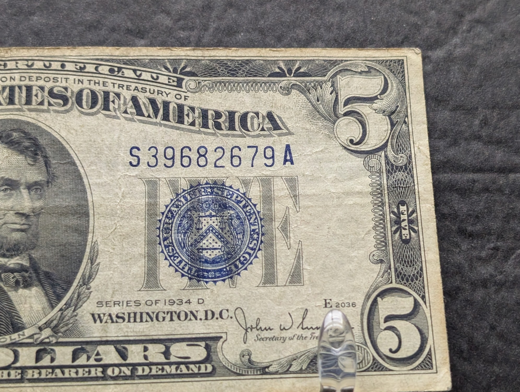 1934 D US $5 Silver Certificate