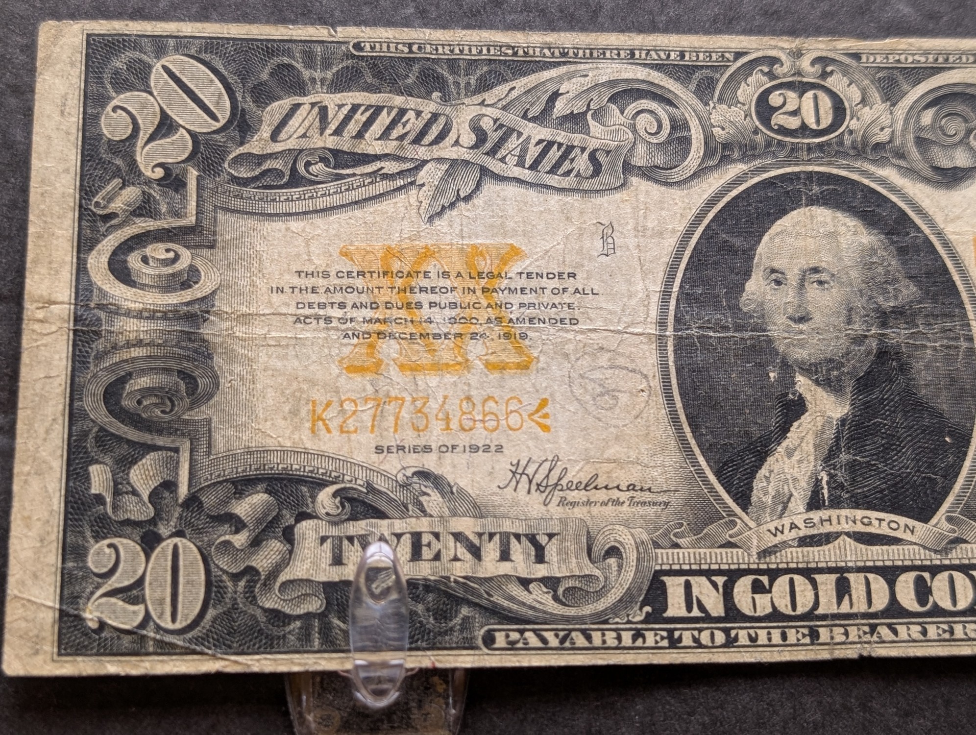 1922 US $20 Gold Certificate, Fr. 1187 - Speelman-White Signatures