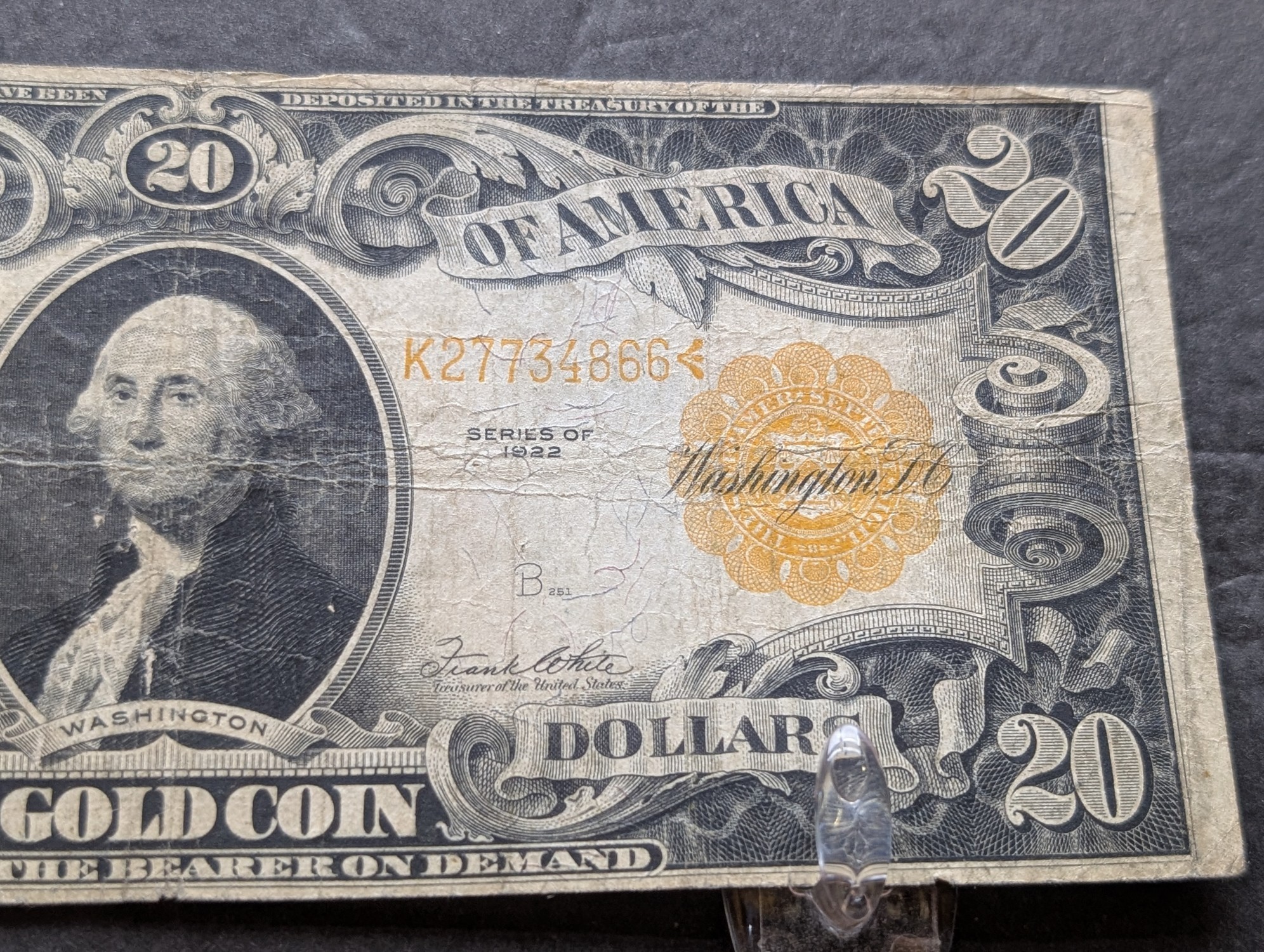 1922 US $20 Gold Certificate, Fr. 1187 - Speelman-White Signatures