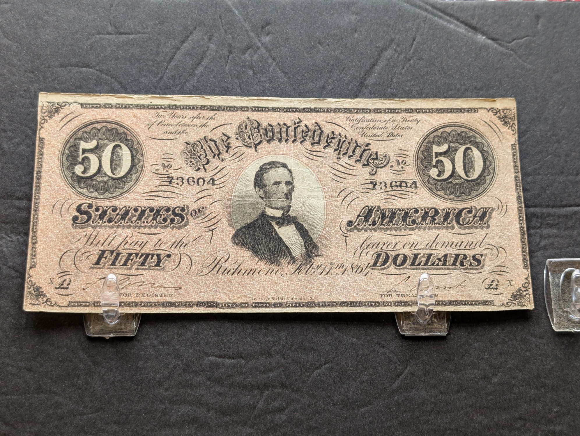 1864 Confederate States of America $50 Note, T-66, Issued in Virginia