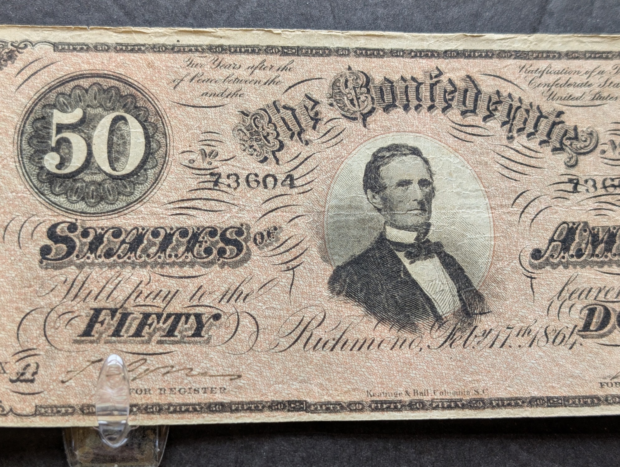 1864 Confederate States of America $50 Note, T-66, Issued in Virginia