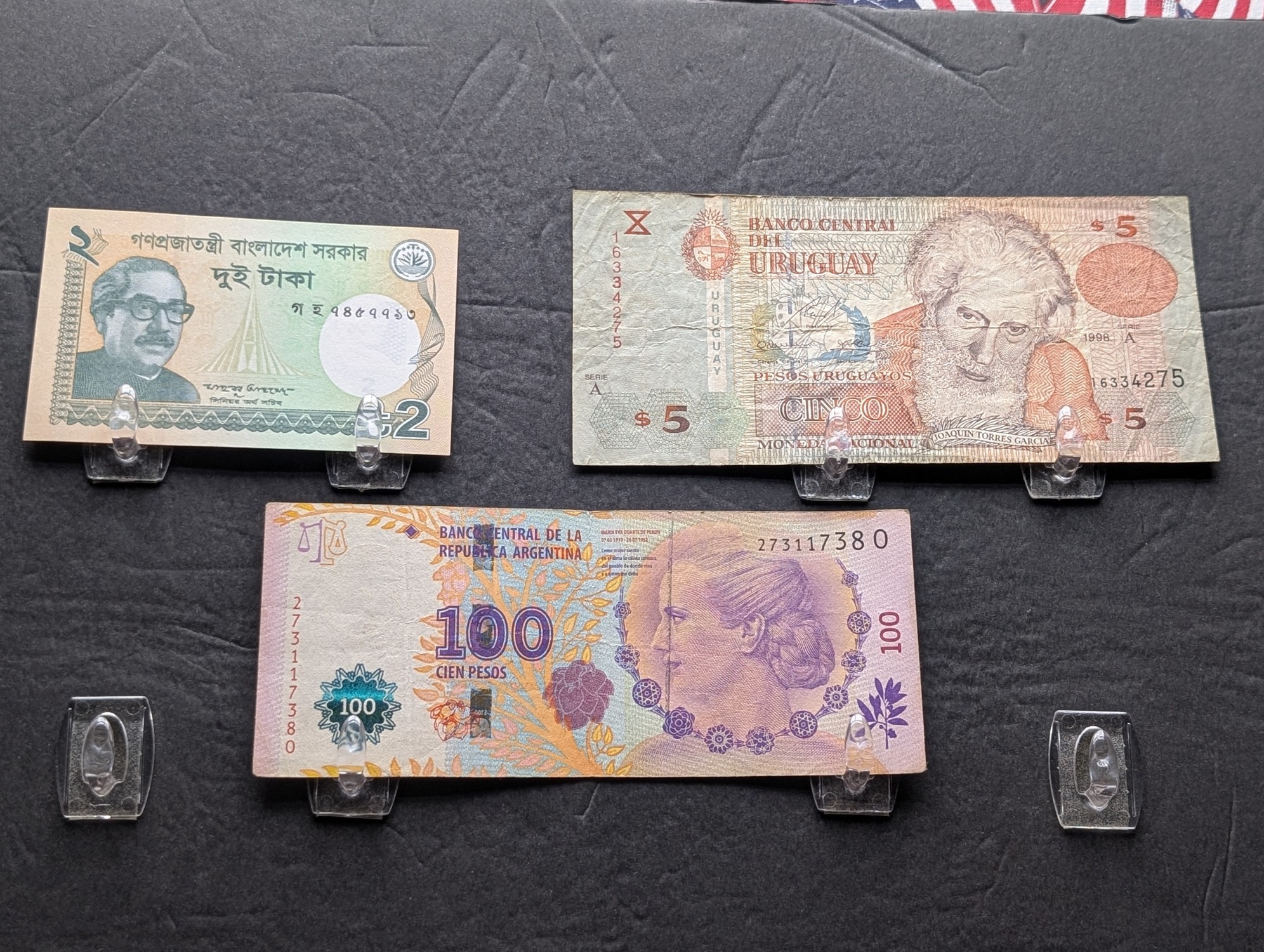 (3) International Banknotes from Bangladesh, Uruguay, and Argentina