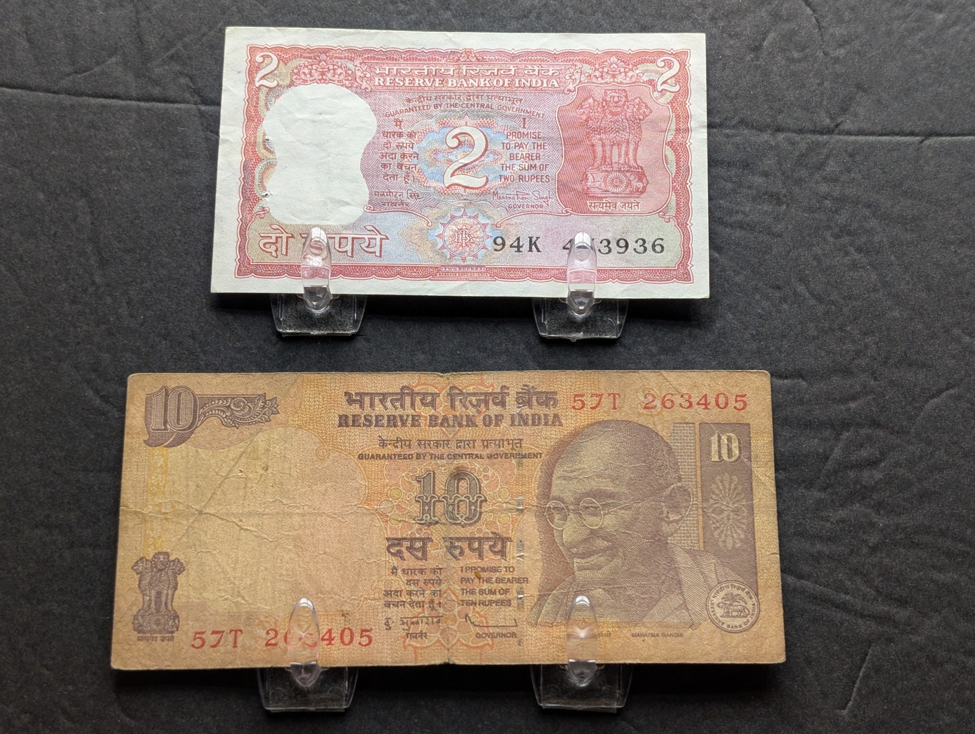 Reserve Bank of India 2 and 10 Rupee Banknotes - Signed by Governors Manmohan Singh and D. Subbarao
