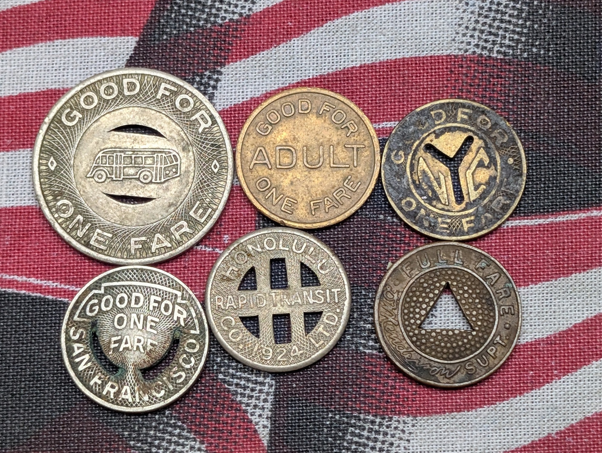 (6) Assorted US Municipal Transit Fare Tokens, Mixed Dates