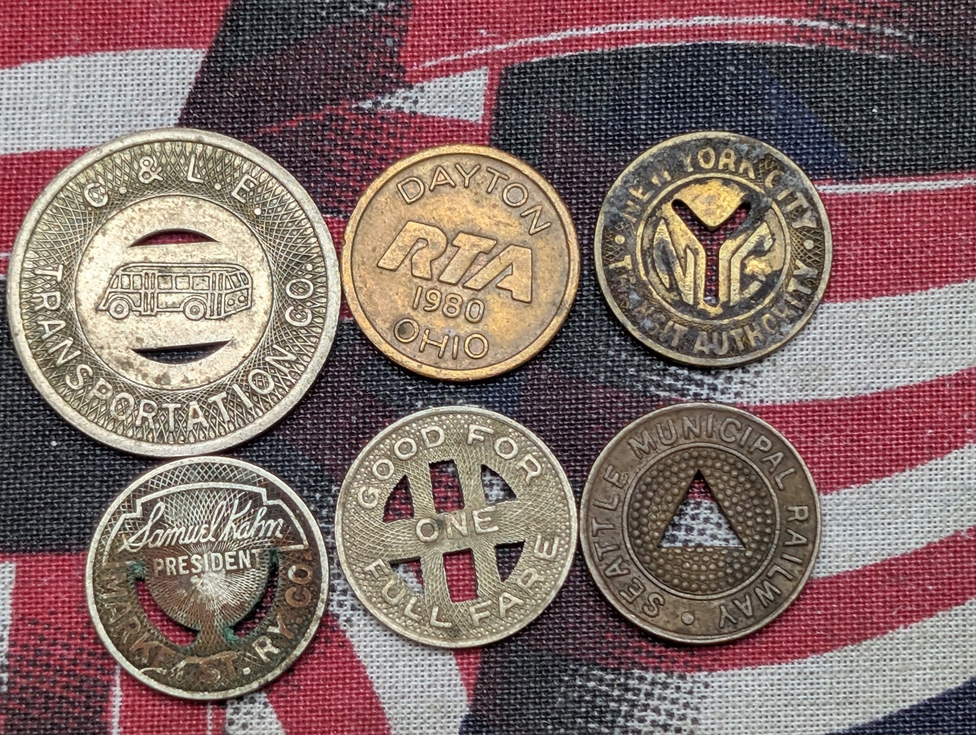 (6) Assorted US Municipal Transit Fare Tokens, Mixed Dates
