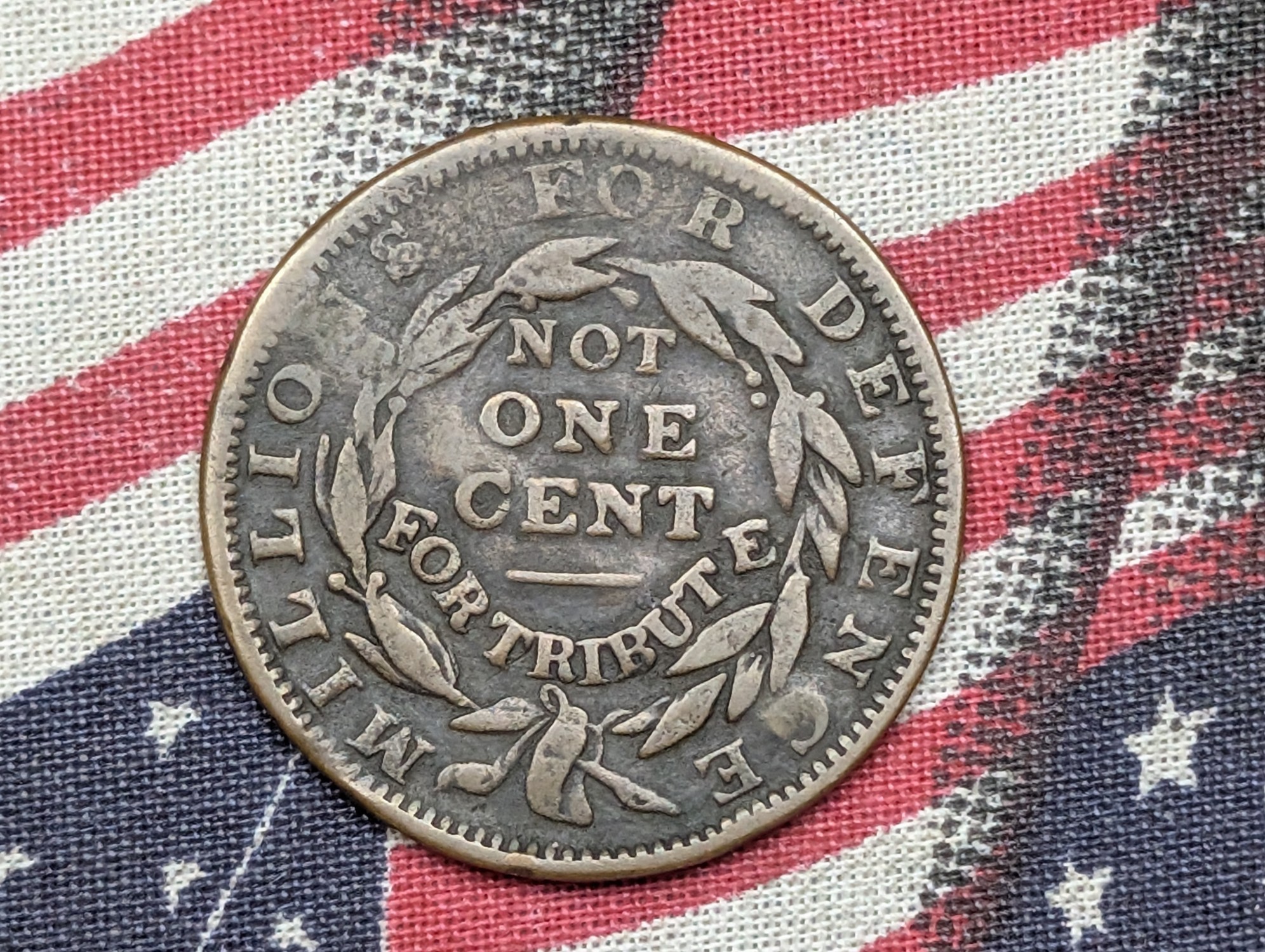1837 US Not One Cent Millions For Defense Hard Times Token, HT-49, L. ROYER Counterstamp