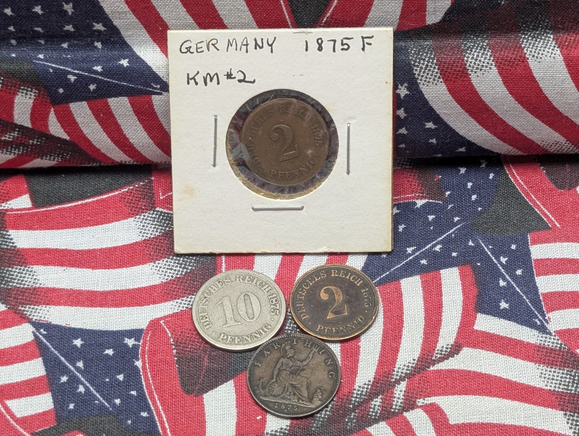 1875-H United Kingdom Farthing and Germany 1875-F 2 Pfennig Bronze & 1875-E 10 Pfennig Cupro-Nickel