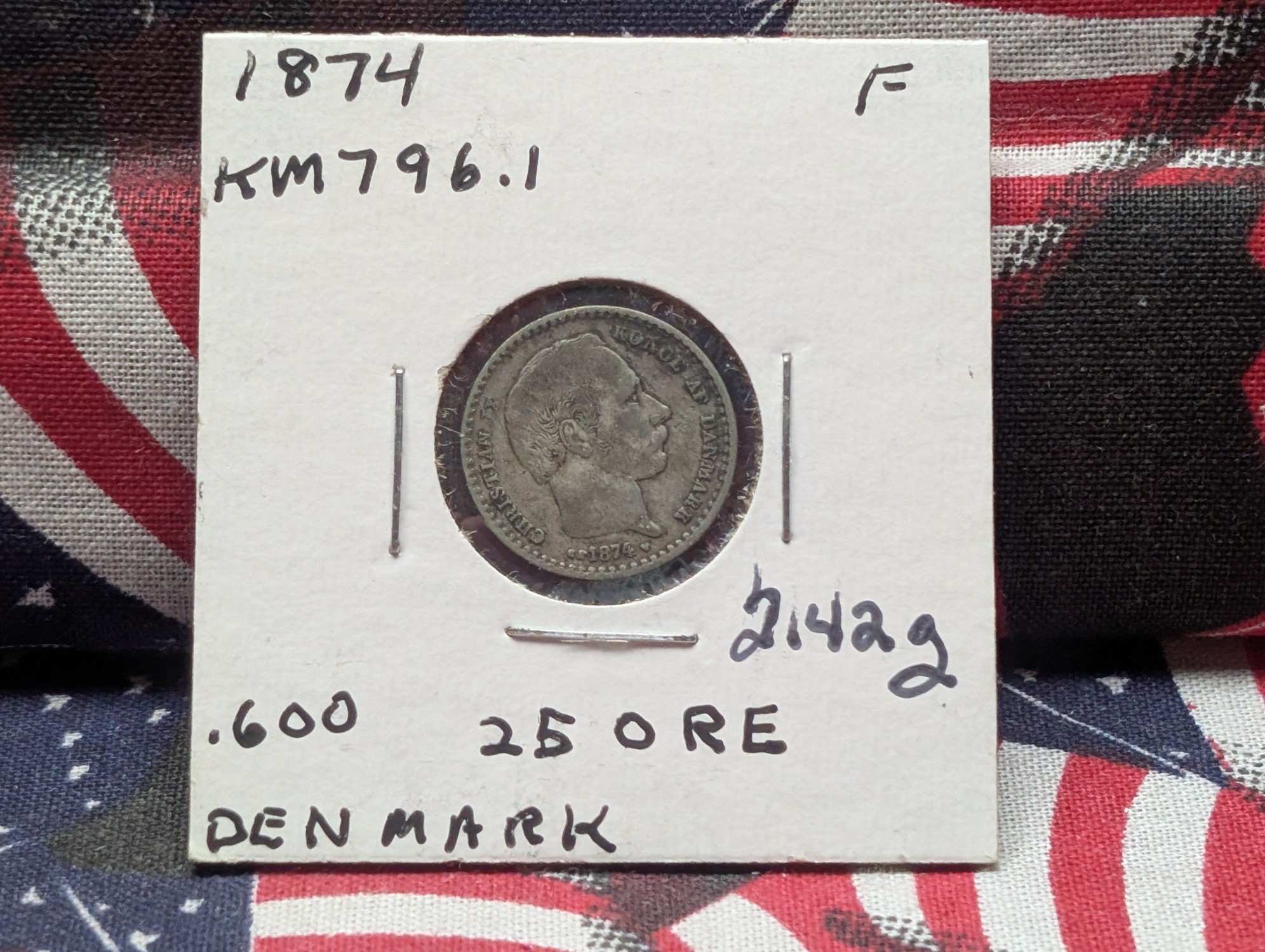1874 Denmark 25 Øre, .600 Silver, KM 796.1, 2.42 Grams