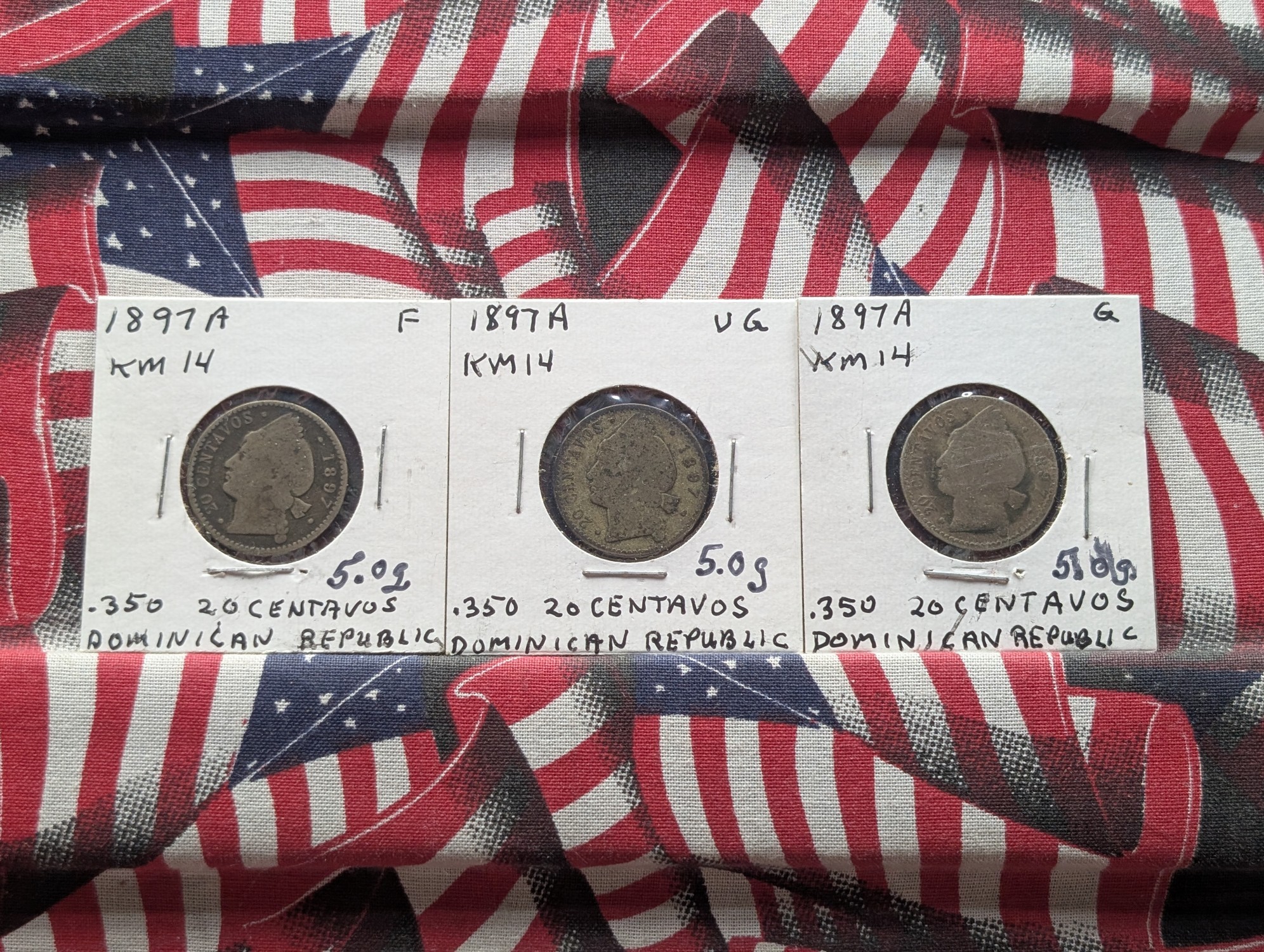 (3) 1897-A Dominican Republic 20 Centavos, .350 Silver, KM# 14 - 5.0 Grams per coin