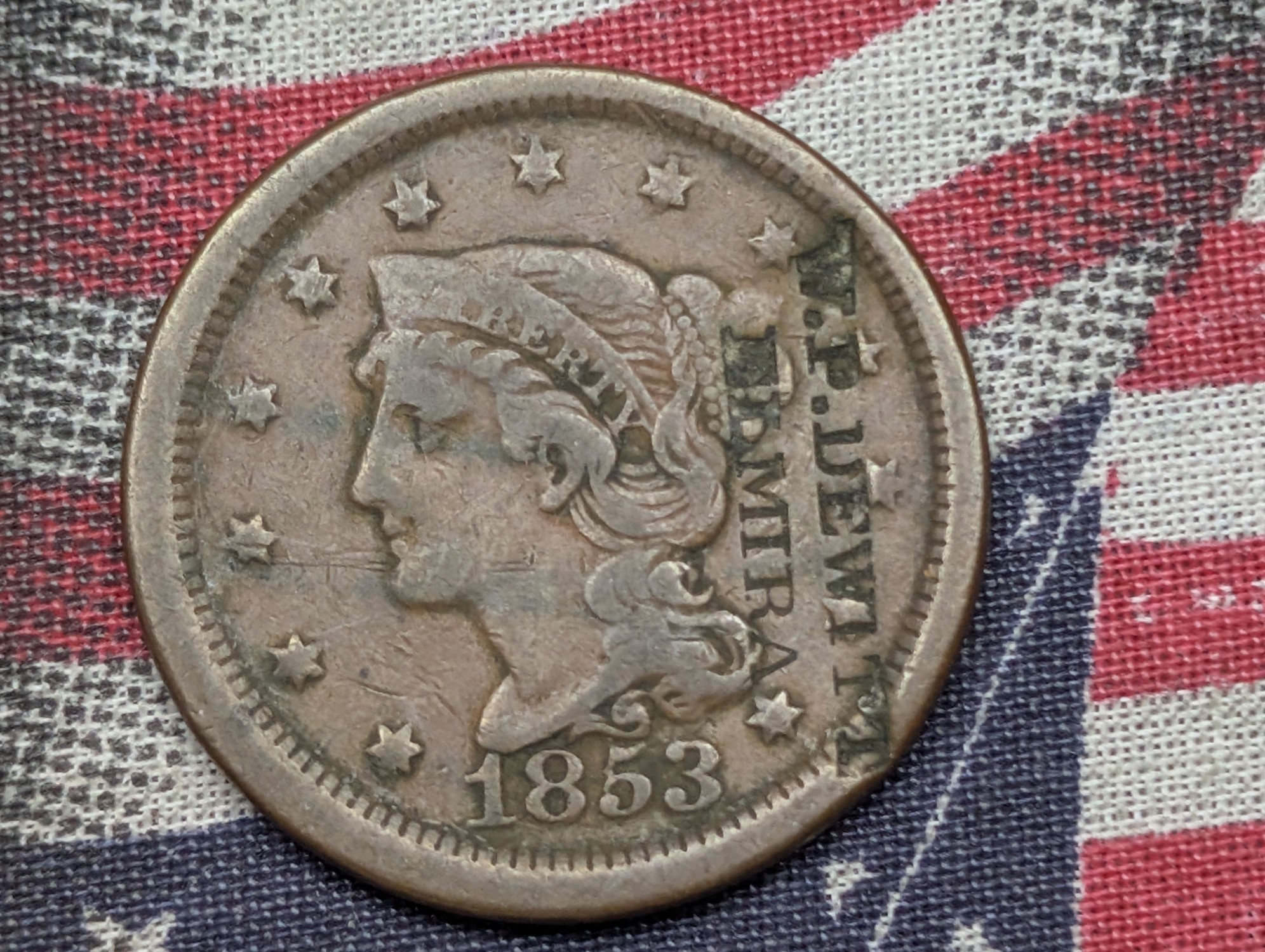 1853 US Braided Hair Large Cent with W.P. DeWitt Elmira N.Y. Counterstamp