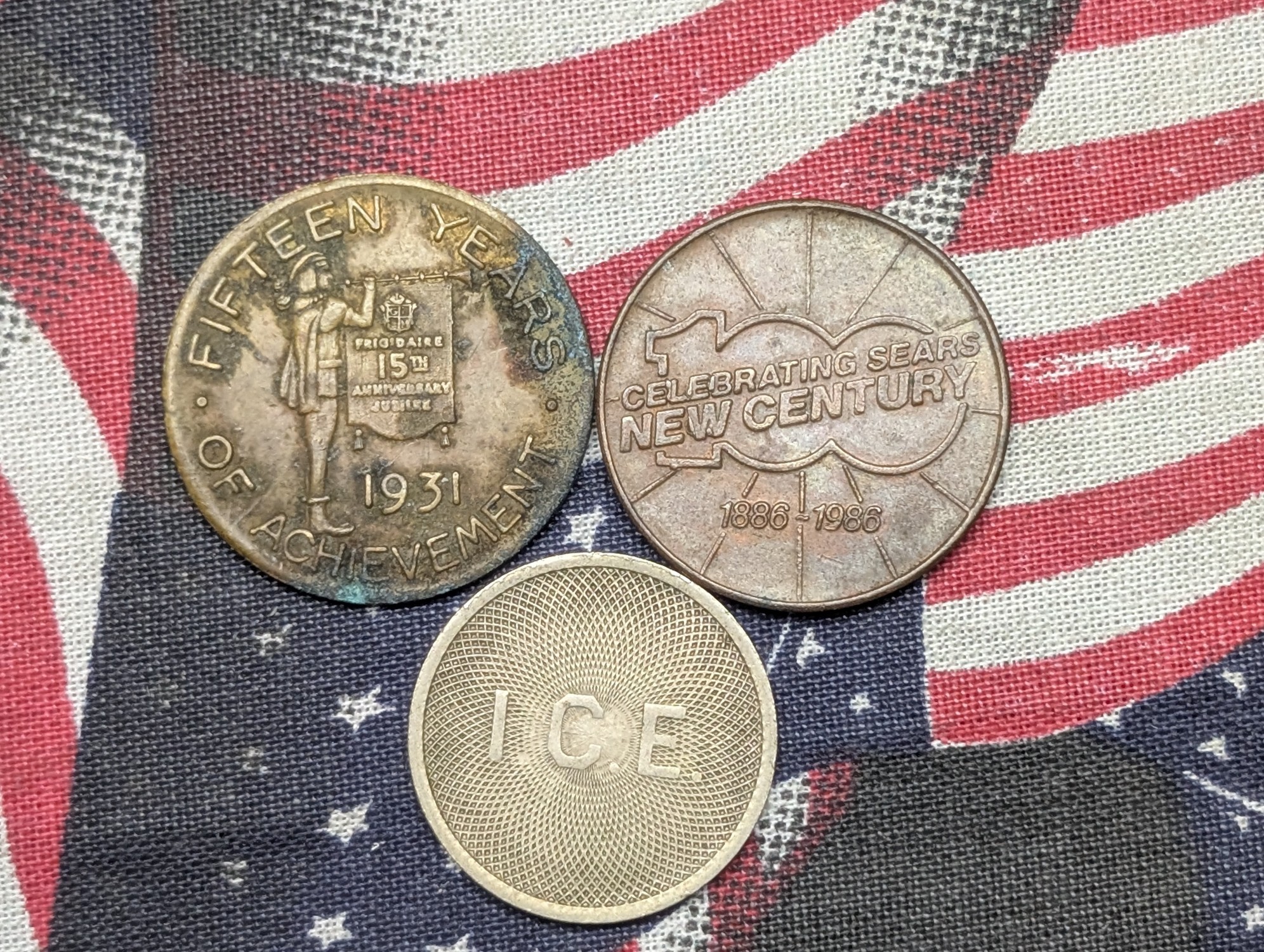 (3) US 1931-1986 Frigidaire, Sears Centennial, and I.C.E. Tokens