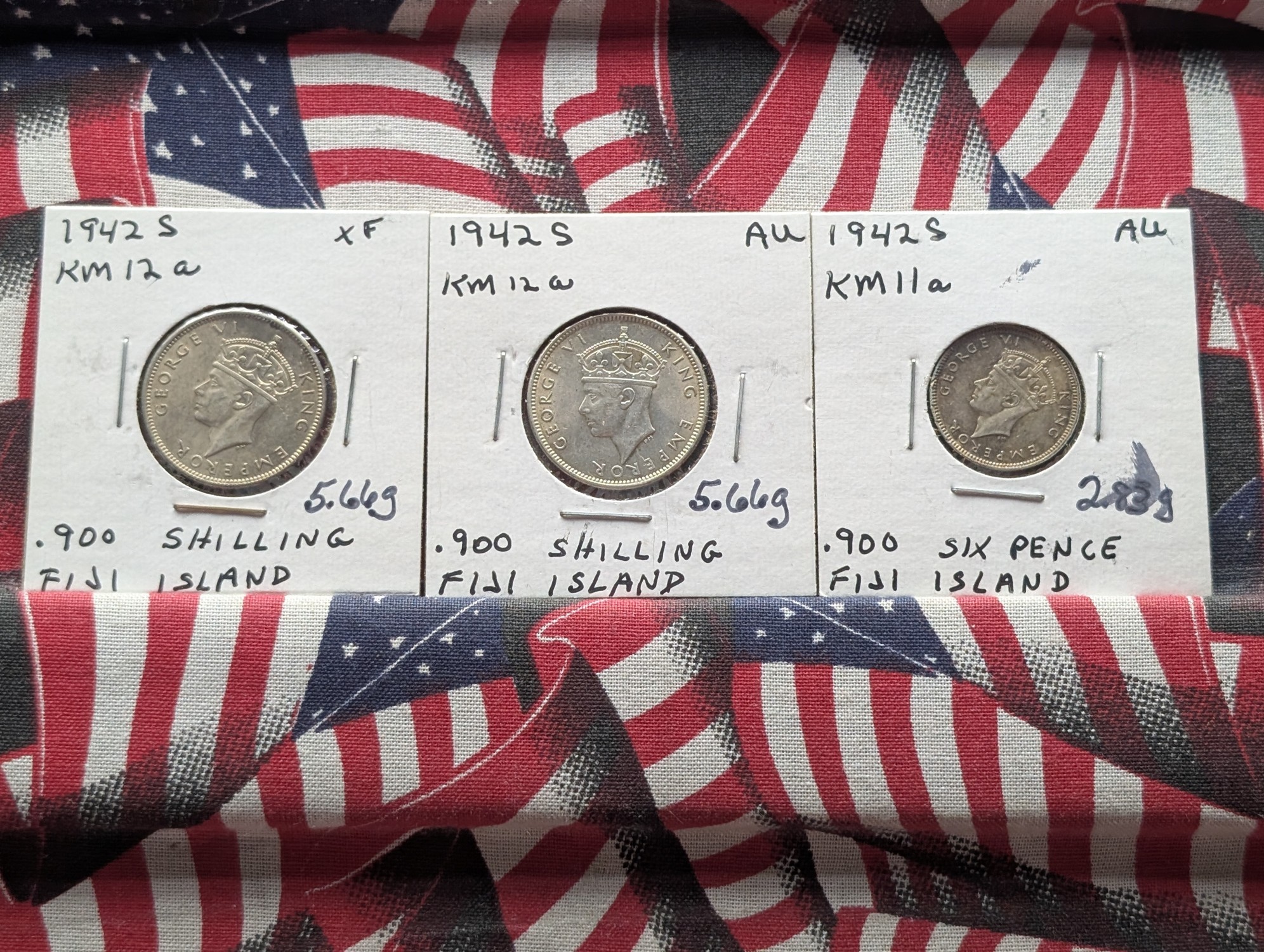 (3) 1942-S Fiji Island Wartime Shillings and Sixpence, .900 Silver