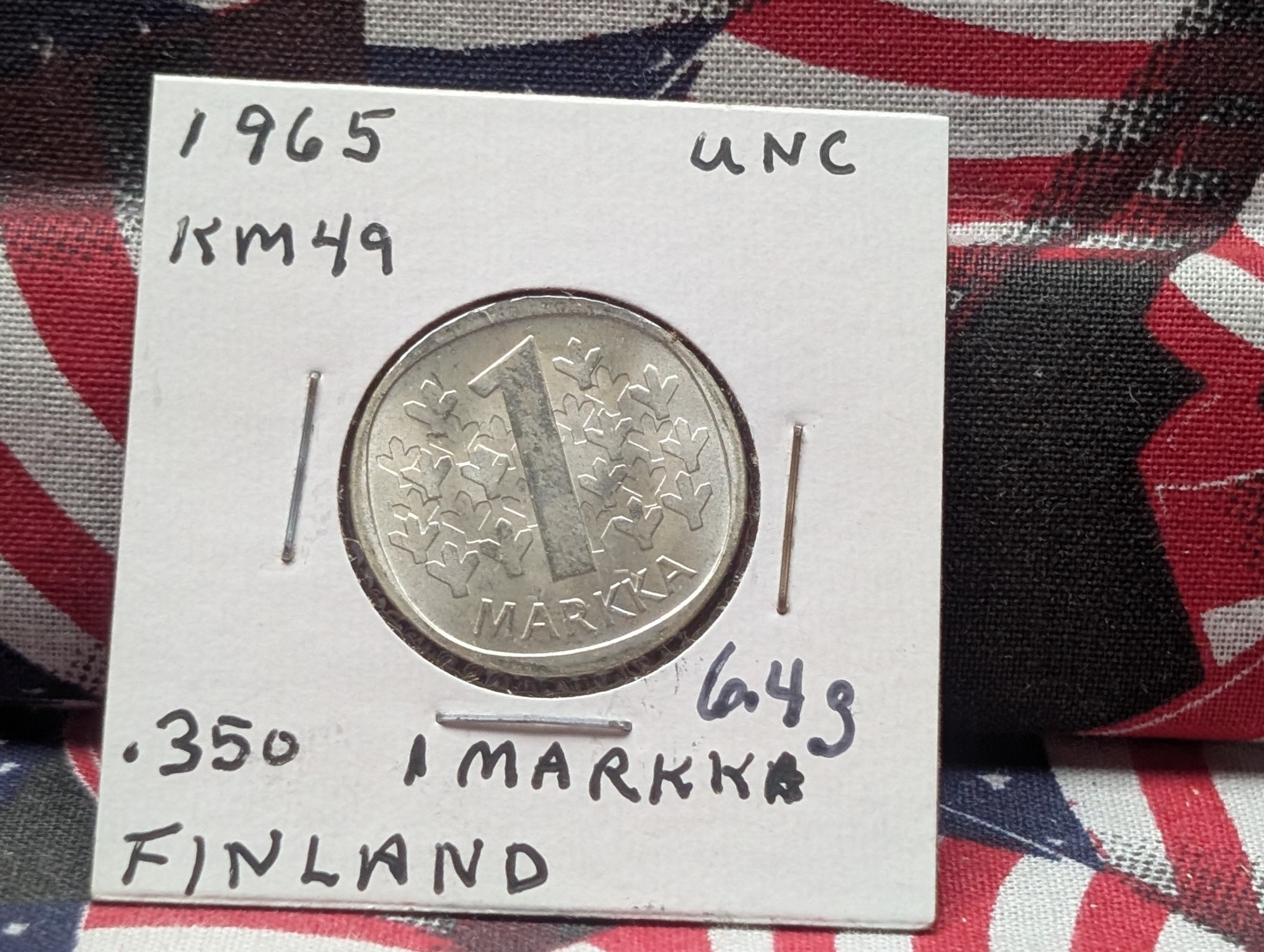 1965 Finland 1 Markka, .350 Silver, KM-49, 6.4 Grams