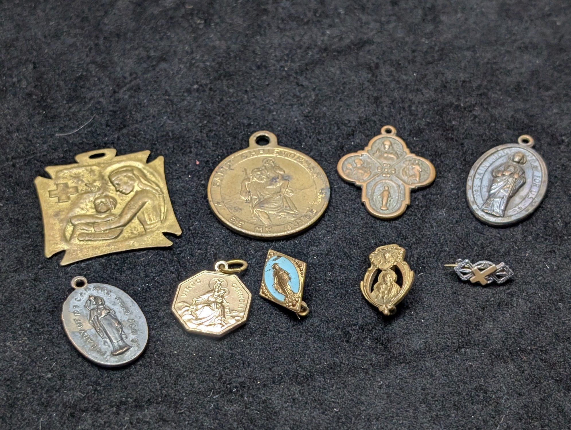 (9) Religious Devotional Medals and Pins, Base Metal