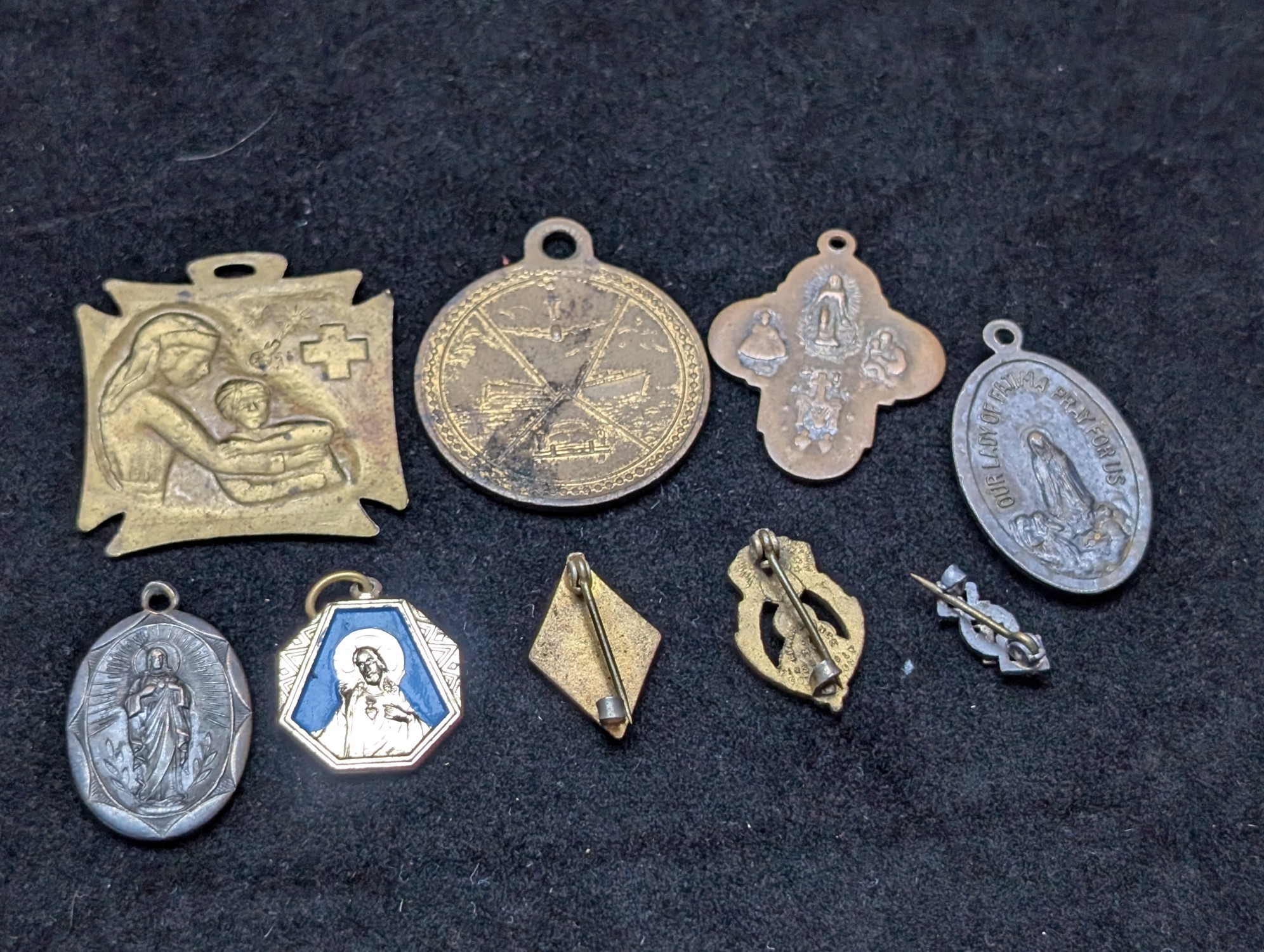 (9) Religious Devotional Medals and Pins, Base Metal