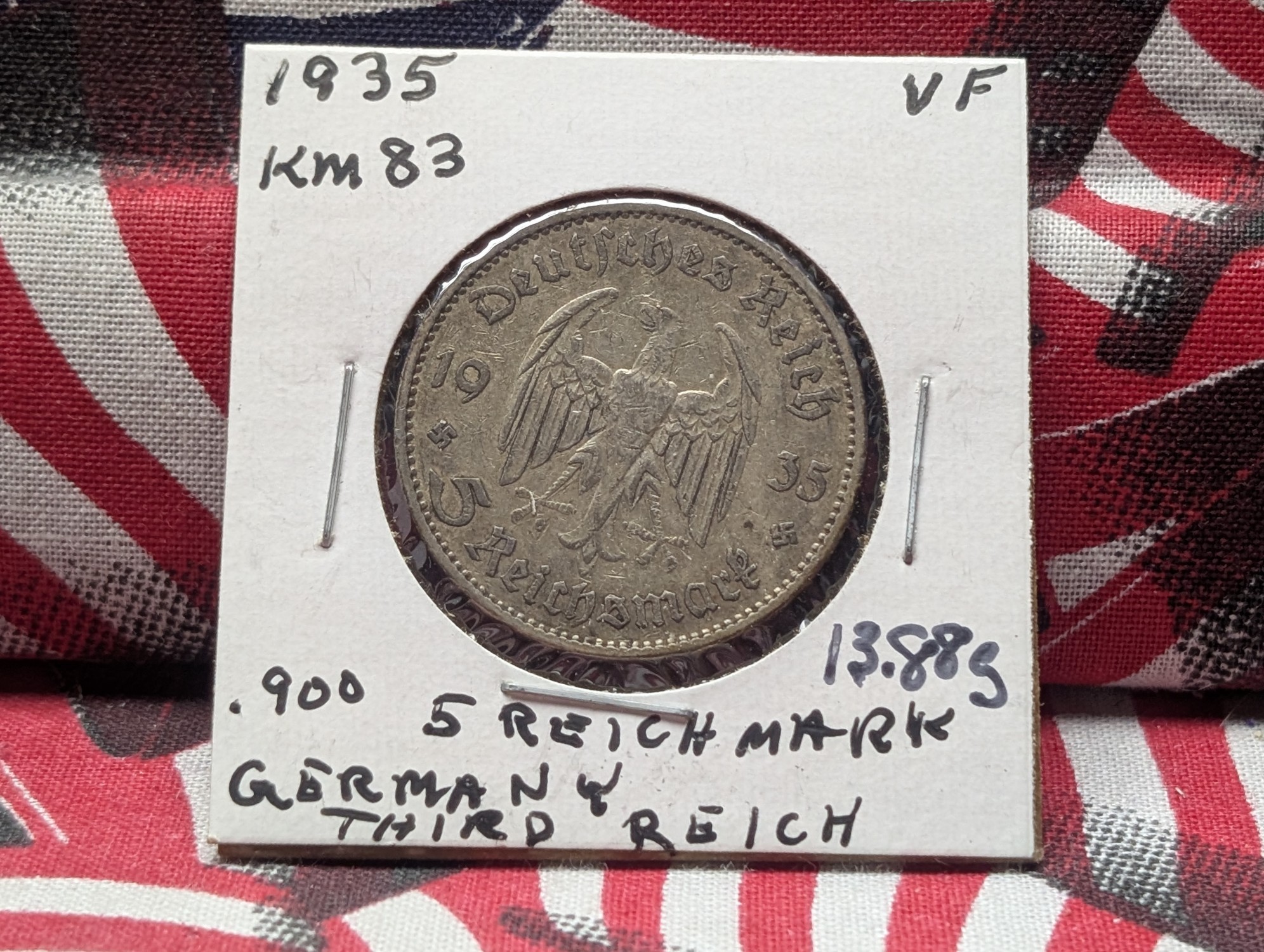 1935 German 5 Reichsmark, .900 Fine Silver, KM 83 - 13.88g
