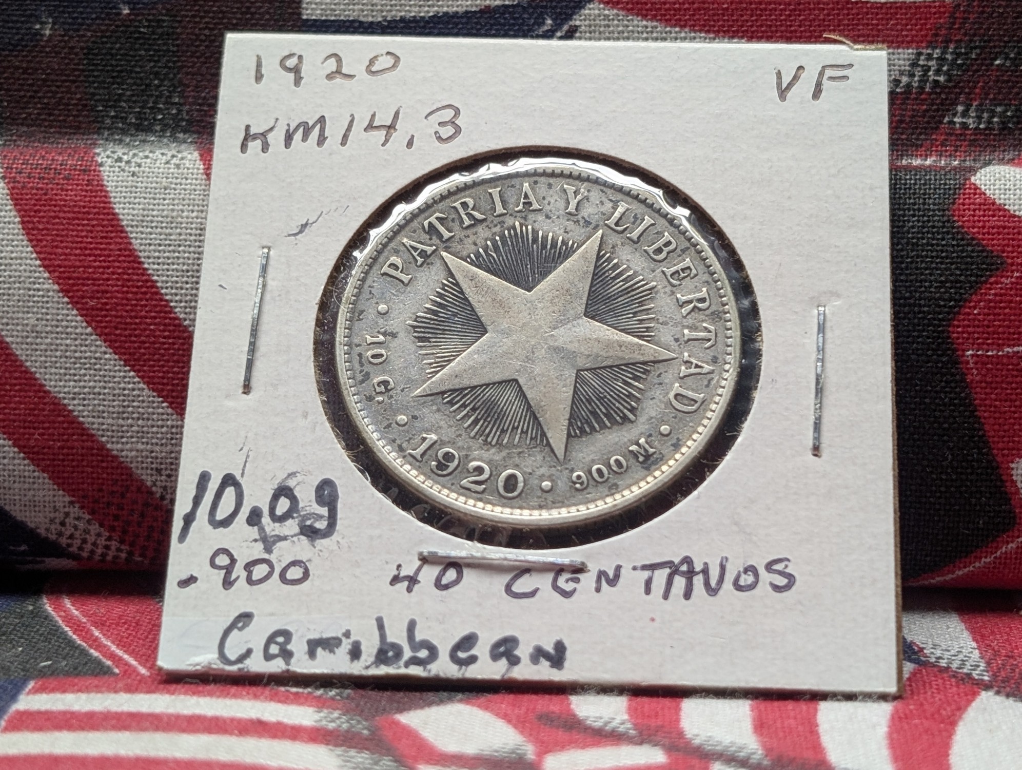 1920 Caribbean 40 Centavos, .900 Silver, KM 14.3, VF