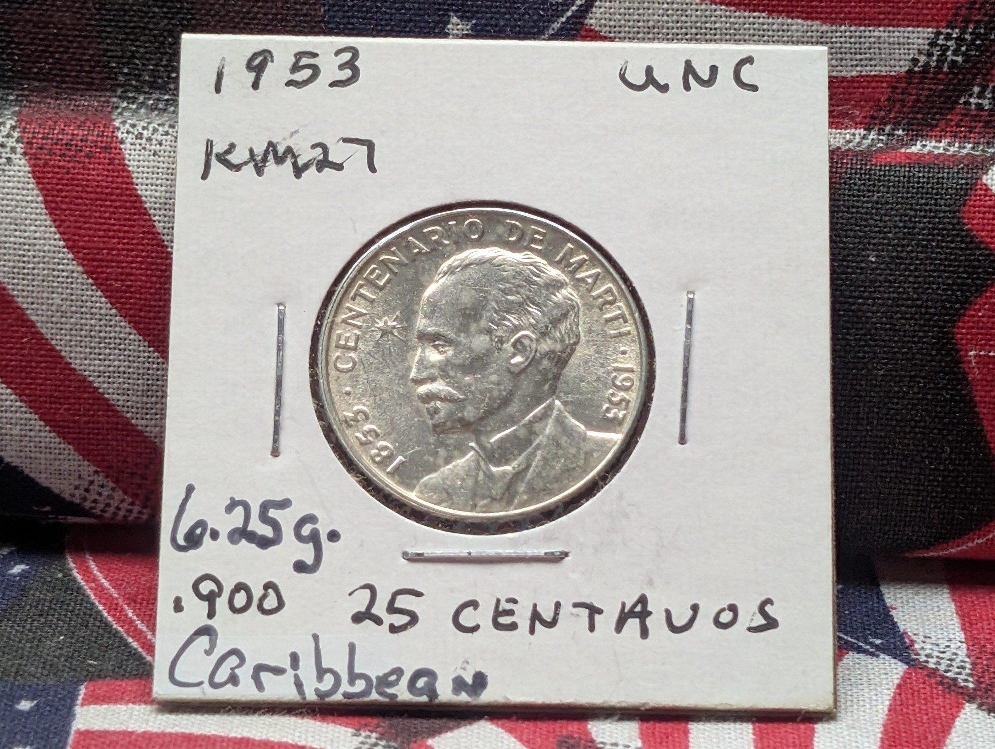 1953 Caribbean 25 Centavos, 90% Silver, 6.25g, KM-27