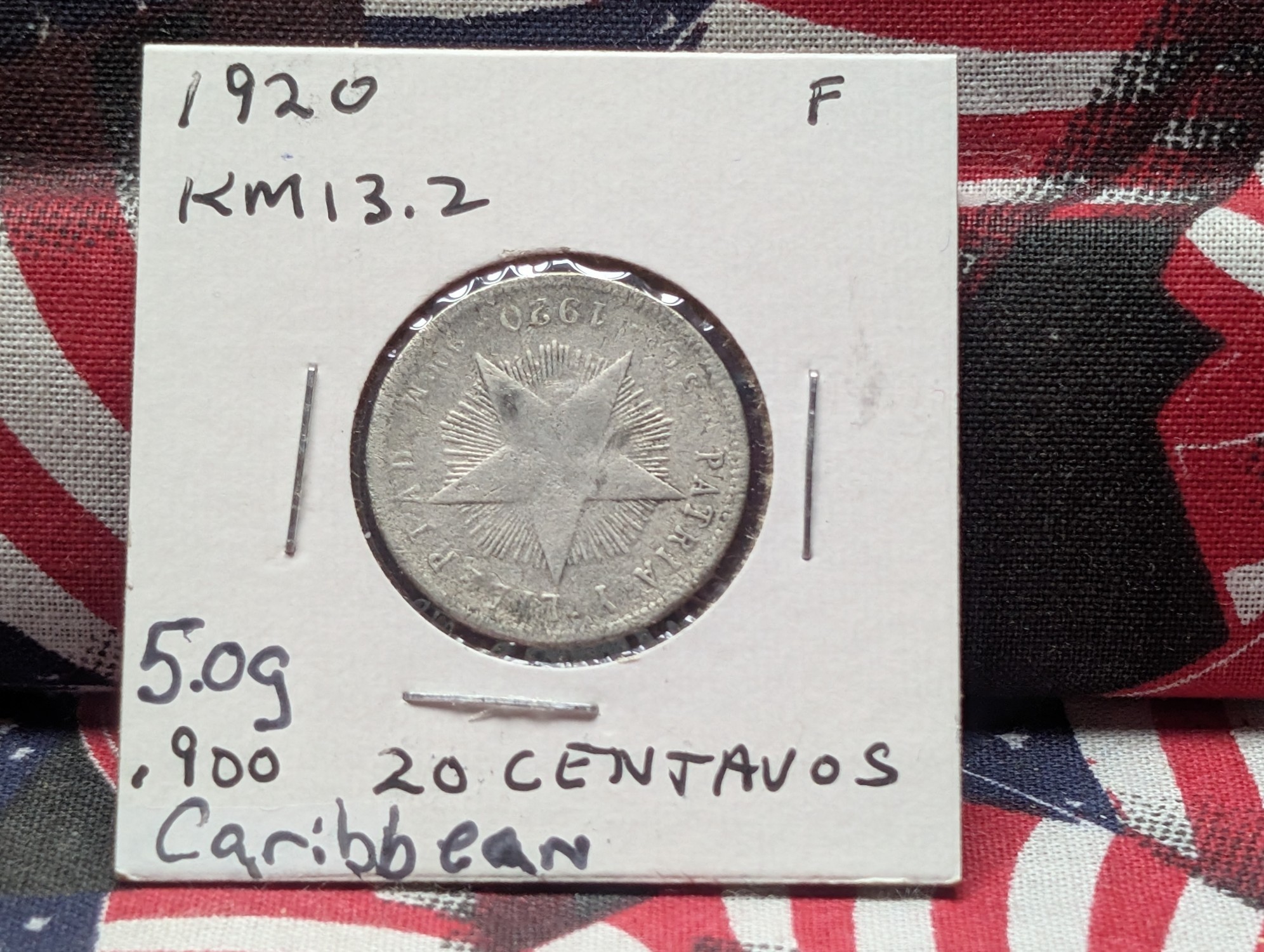 1920 Caribbean 20 Centavos, .900 Silver, KM-13.2