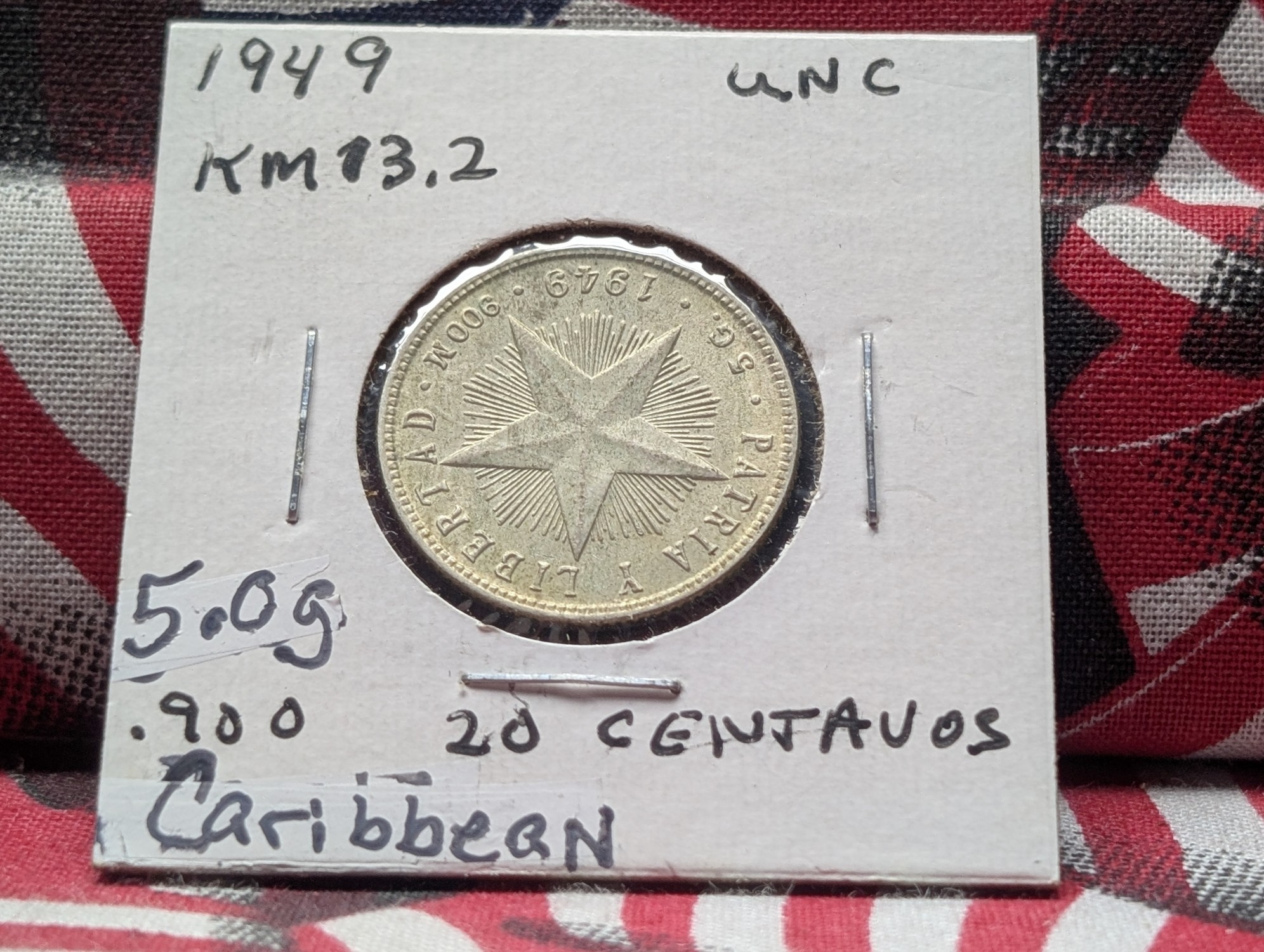 1949 Caribbean 20 Centavos, .900 Silver, KM 13.2