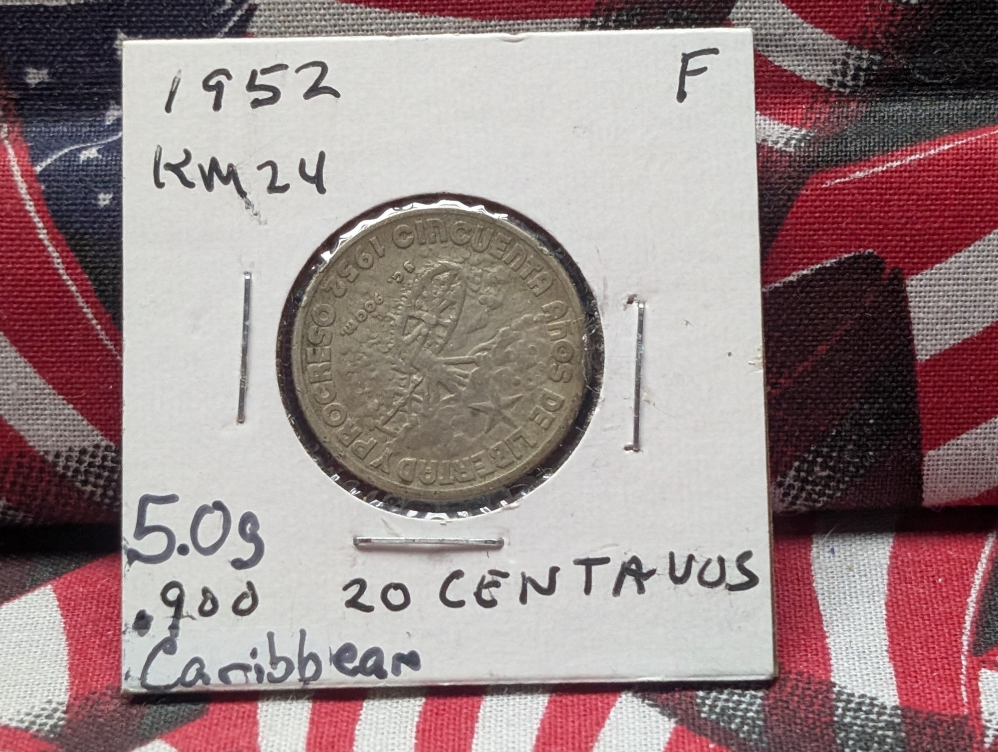 1952 Caribbean 20 Centavos, .900 Silver, KM-24