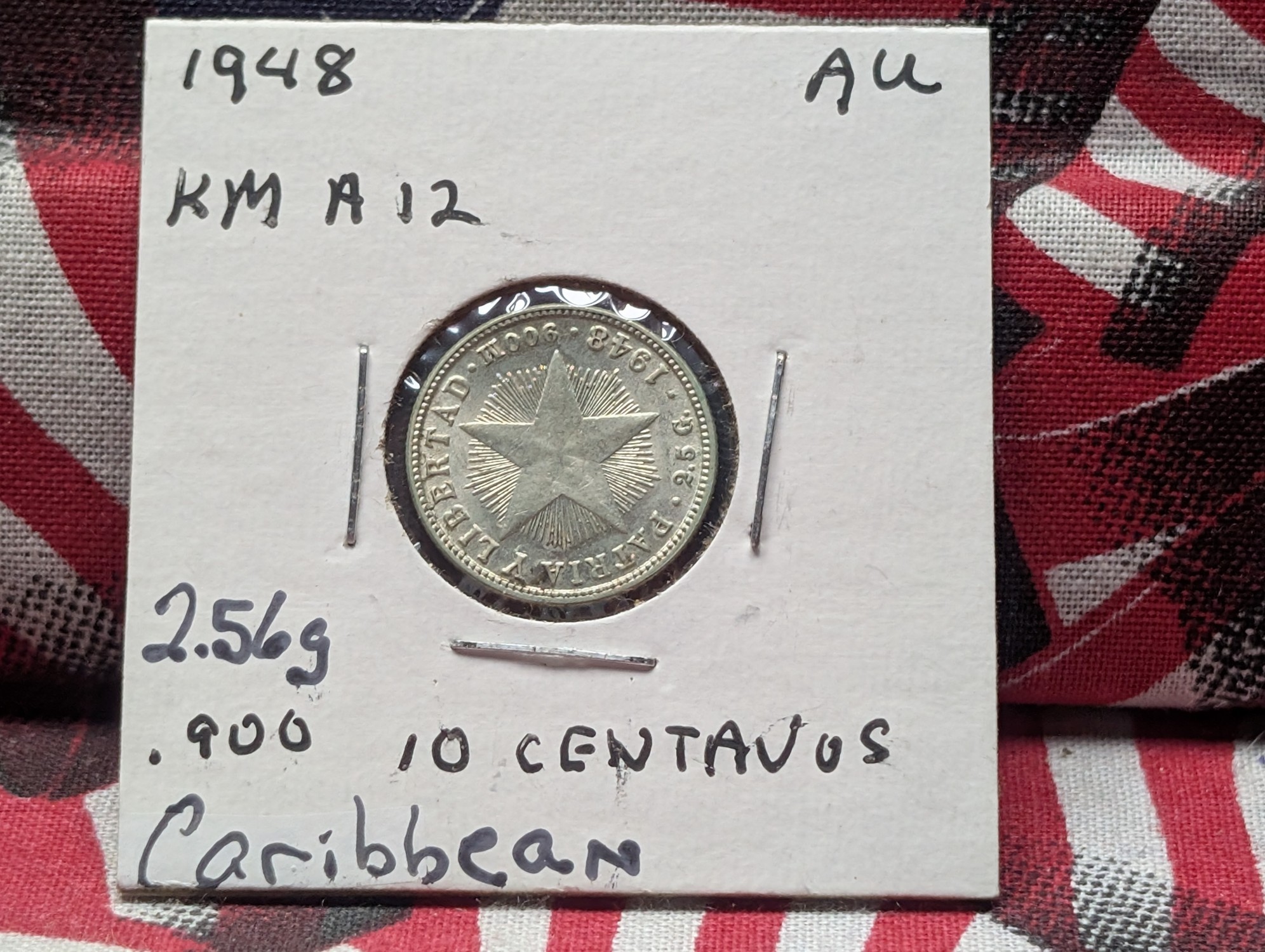 1948 Caribbean 10 Centavos, 90% Silver, KM A12, AU, 2.56g
