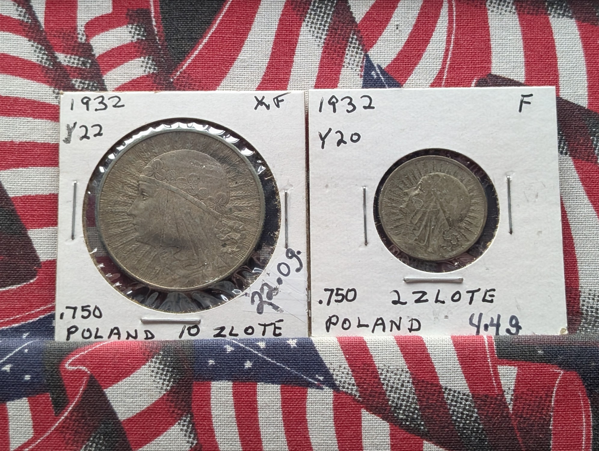 1932 Poland 10 Zlotych & 2 Zlote, .750 Silver, Y#20 & Y#22