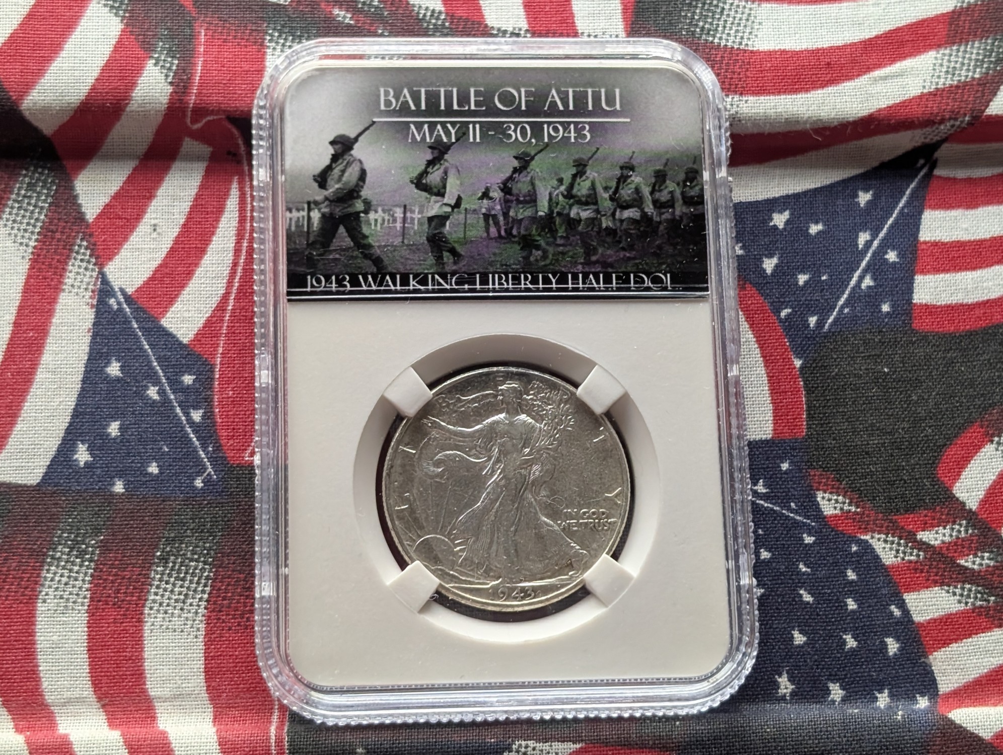 1943 Walking Liberty 90% Silver Half Dollar - Slabbed Genuine - Battle of Attu May 11-30th, 1943
