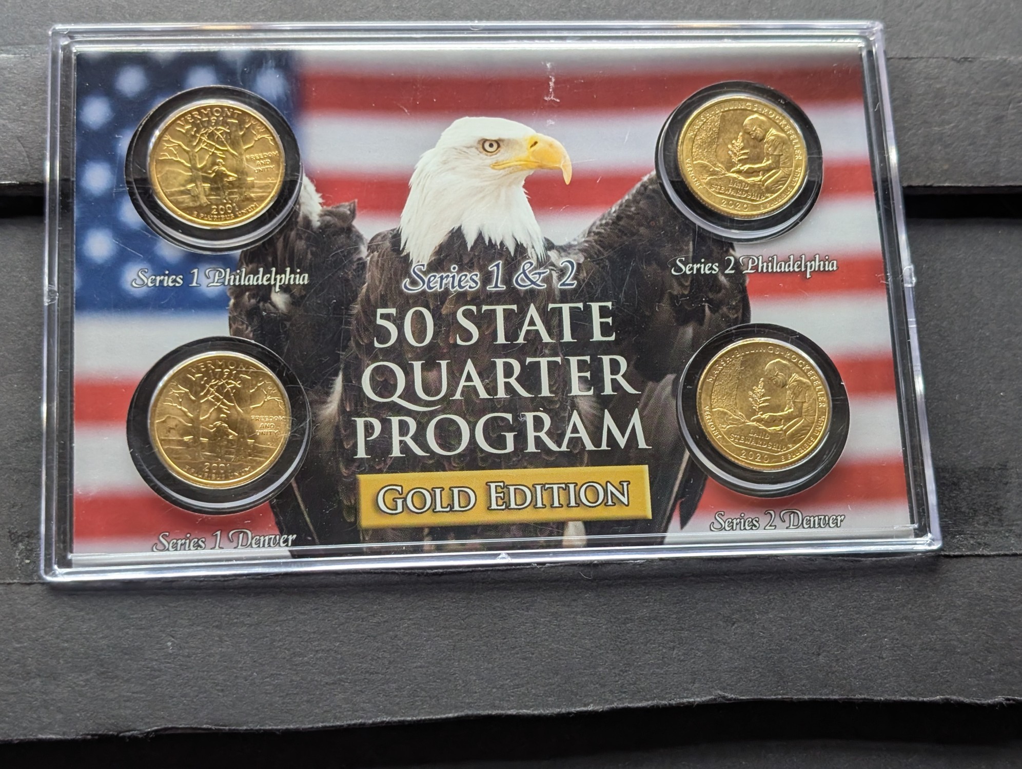Gold (LAYERED) P&D Mint 2001 Vermont Statehood & 2020 Marsh-Billings-Rockefeller ATB National Park Quarter 4-Coin Collection in Protective P