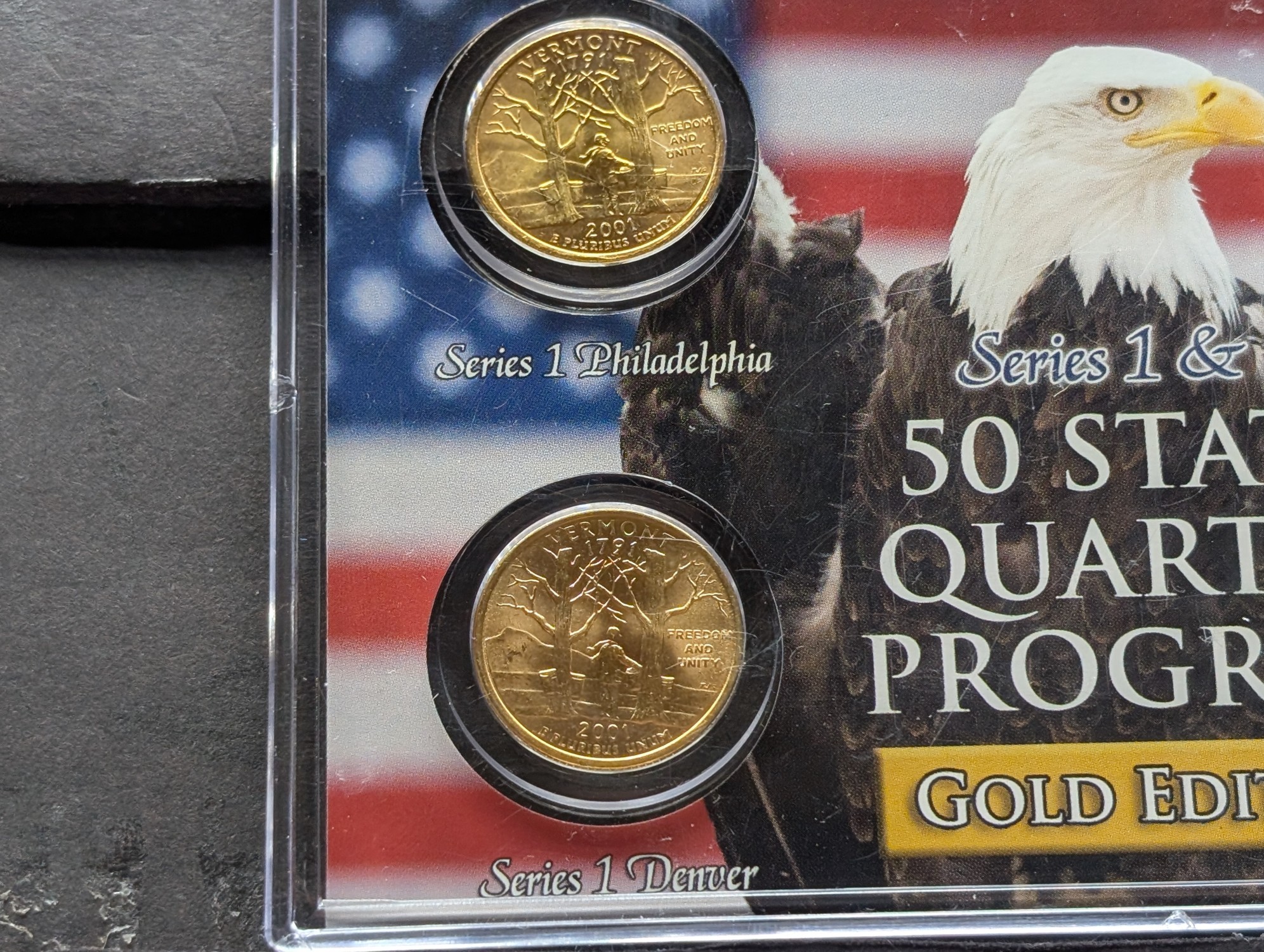 Gold (LAYERED) P&D Mint 2001 Vermont Statehood & 2020 Marsh-Billings-Rockefeller ATB National Park Quarter 4-Coin Collection in Protective P