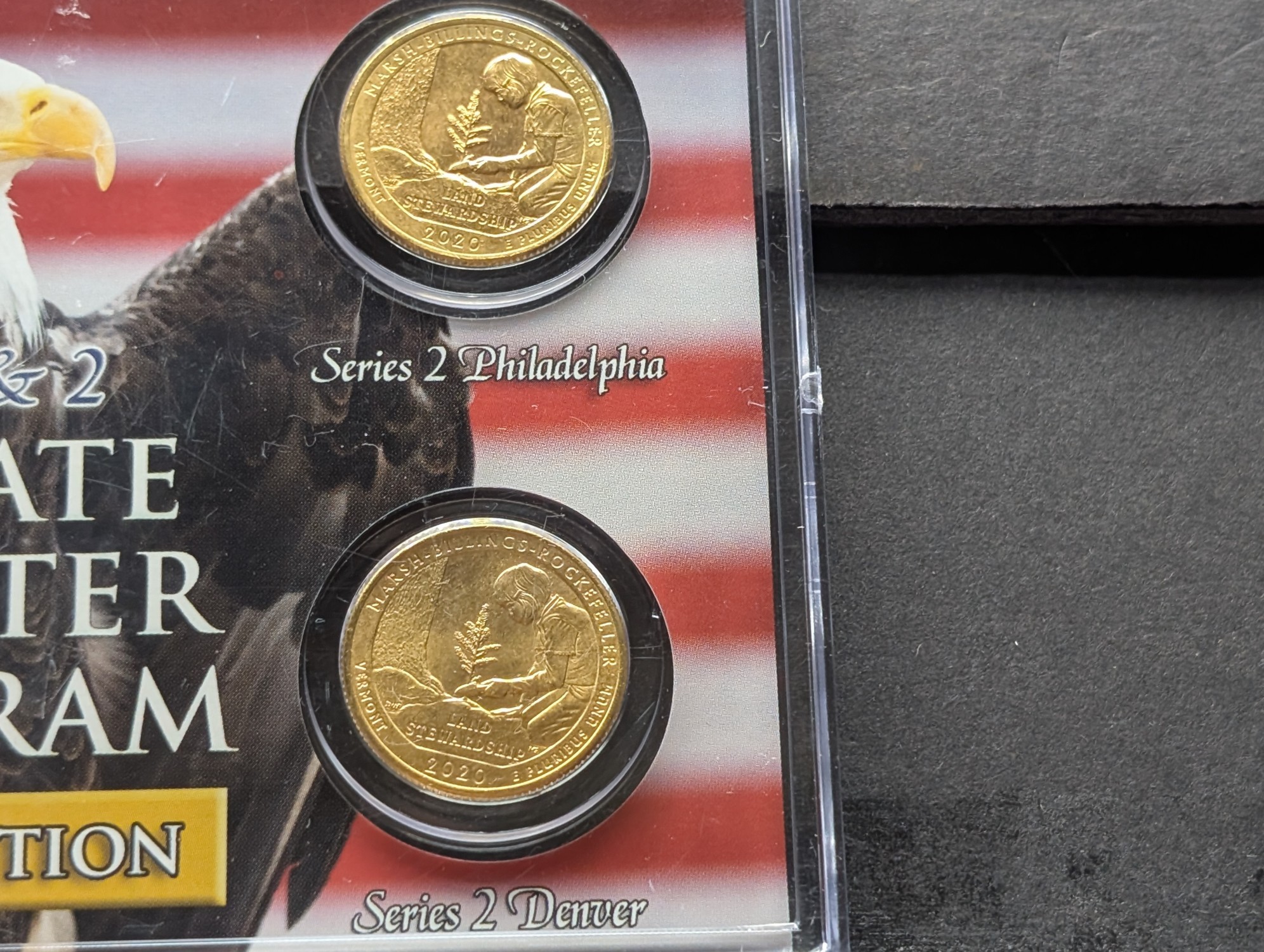 Gold (LAYERED) P&D Mint 2001 Vermont Statehood & 2020 Marsh-Billings-Rockefeller ATB National Park Quarter 4-Coin Collection in Protective P