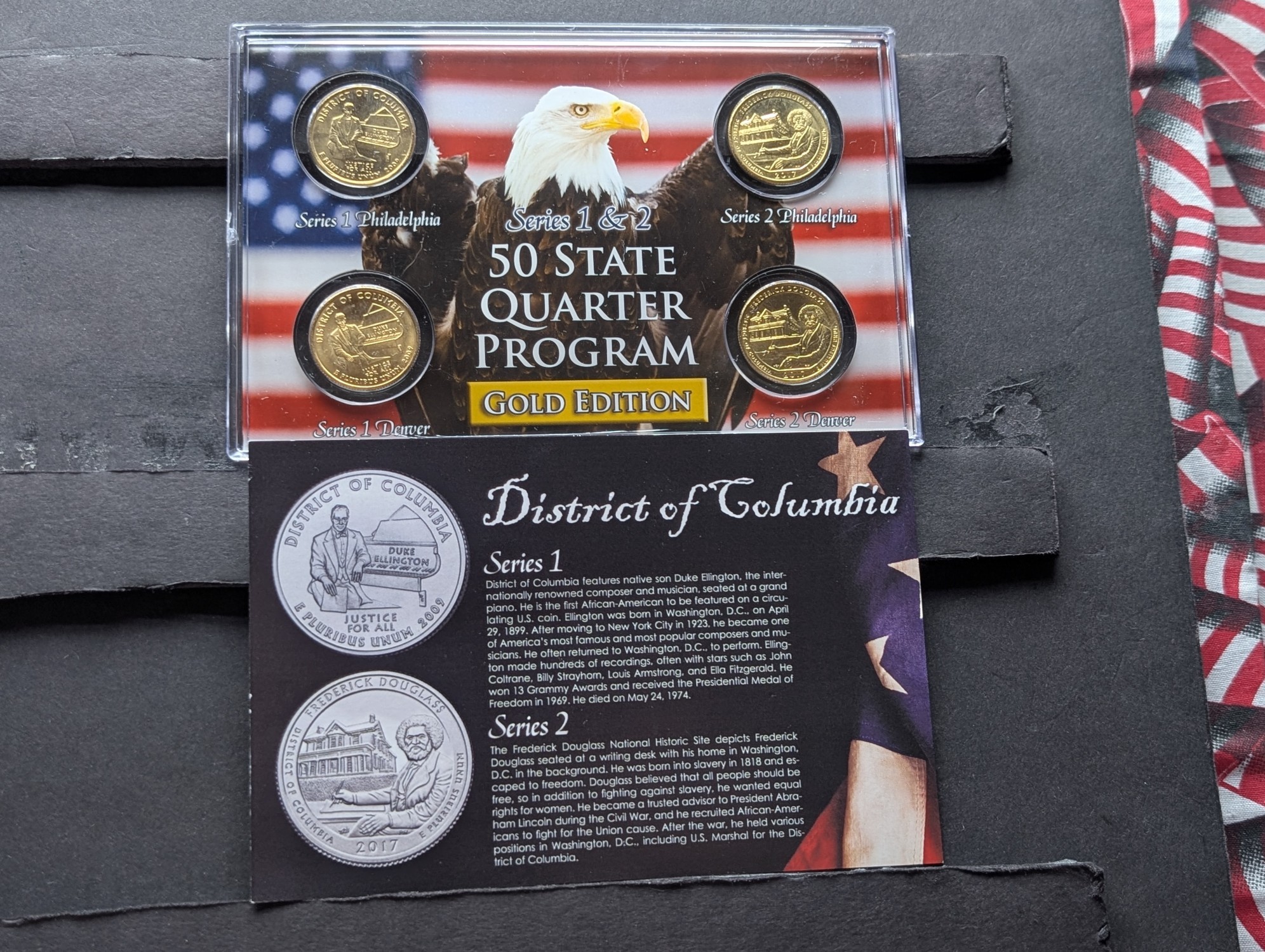 Gold (LAYERED) P&D Mint 2009 District of Columbia U.S. Territory & 2017 Frederick Douglass National Historic Quarter 4-Coin Collection in Pr