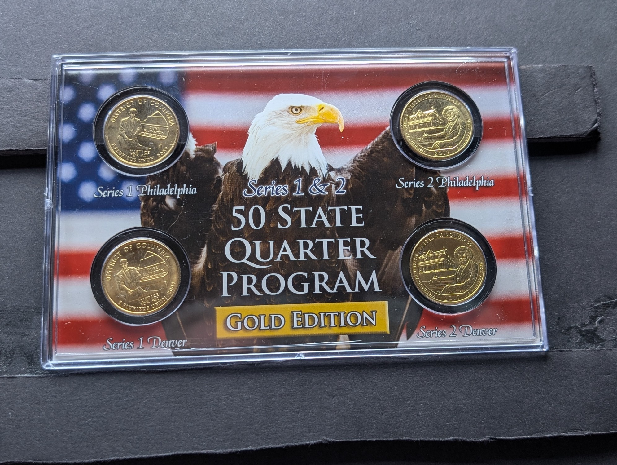 Gold (LAYERED) P&D Mint 2009 District of Columbia U.S. Territory & 2017 Frederick Douglass National Historic Quarter 4-Coin Collection in Pr