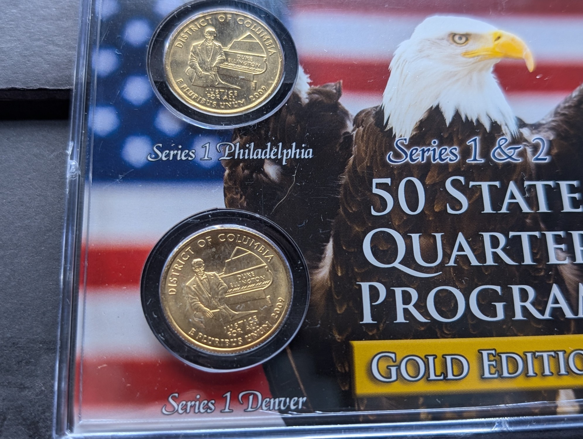 Gold (LAYERED) P&D Mint 2009 District of Columbia U.S. Territory & 2017 Frederick Douglass National Historic Quarter 4-Coin Collection in Pr