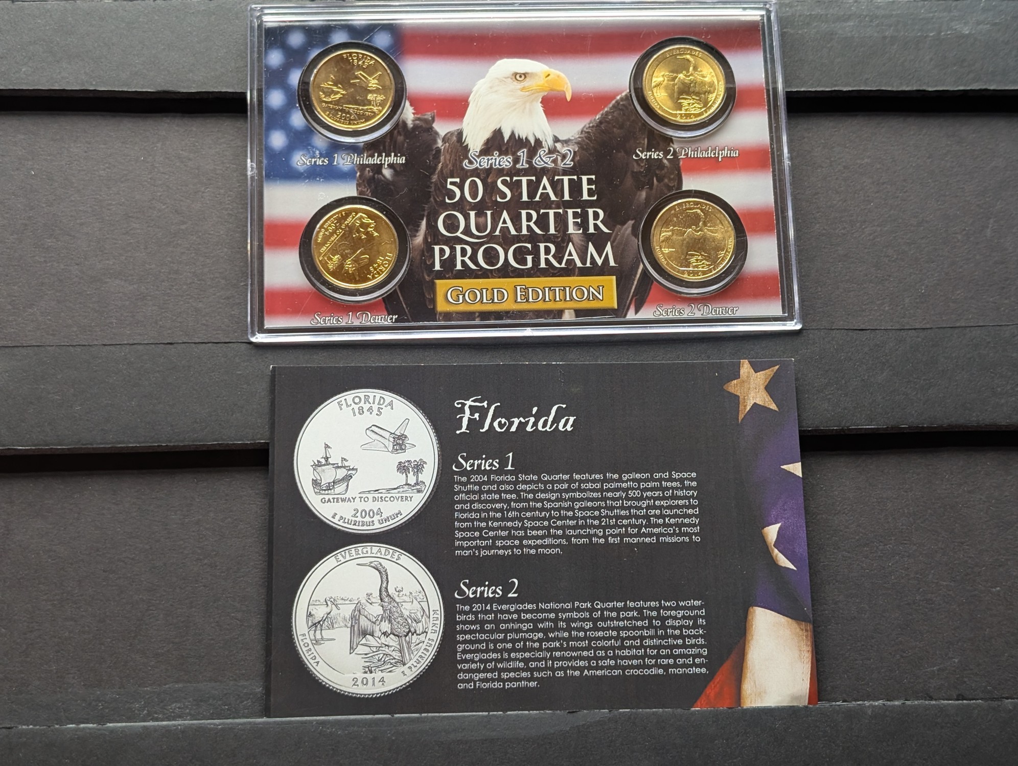 Gold (LAYERED) P&D Mint 2004 Florida Statehood & 2014 Everglades ATB Park Quarter 4-Coin Collection in Protective Plastic Case w/ COA