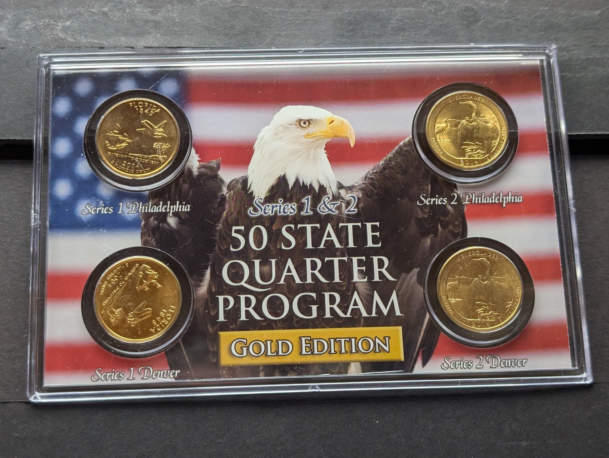 Gold (LAYERED) P&D Mint 2004 Florida Statehood & 2014 Everglades ATB Park Quarter 4-Coin Collection in Protective Plastic Case w/ COA