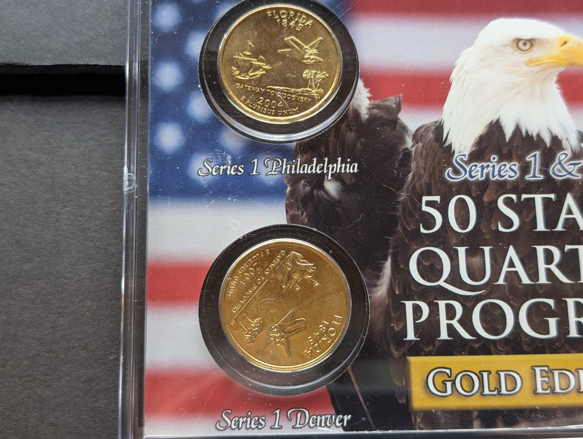 Gold (LAYERED) P&D Mint 2004 Florida Statehood & 2014 Everglades ATB Park Quarter 4-Coin Collection in Protective Plastic Case w/ COA