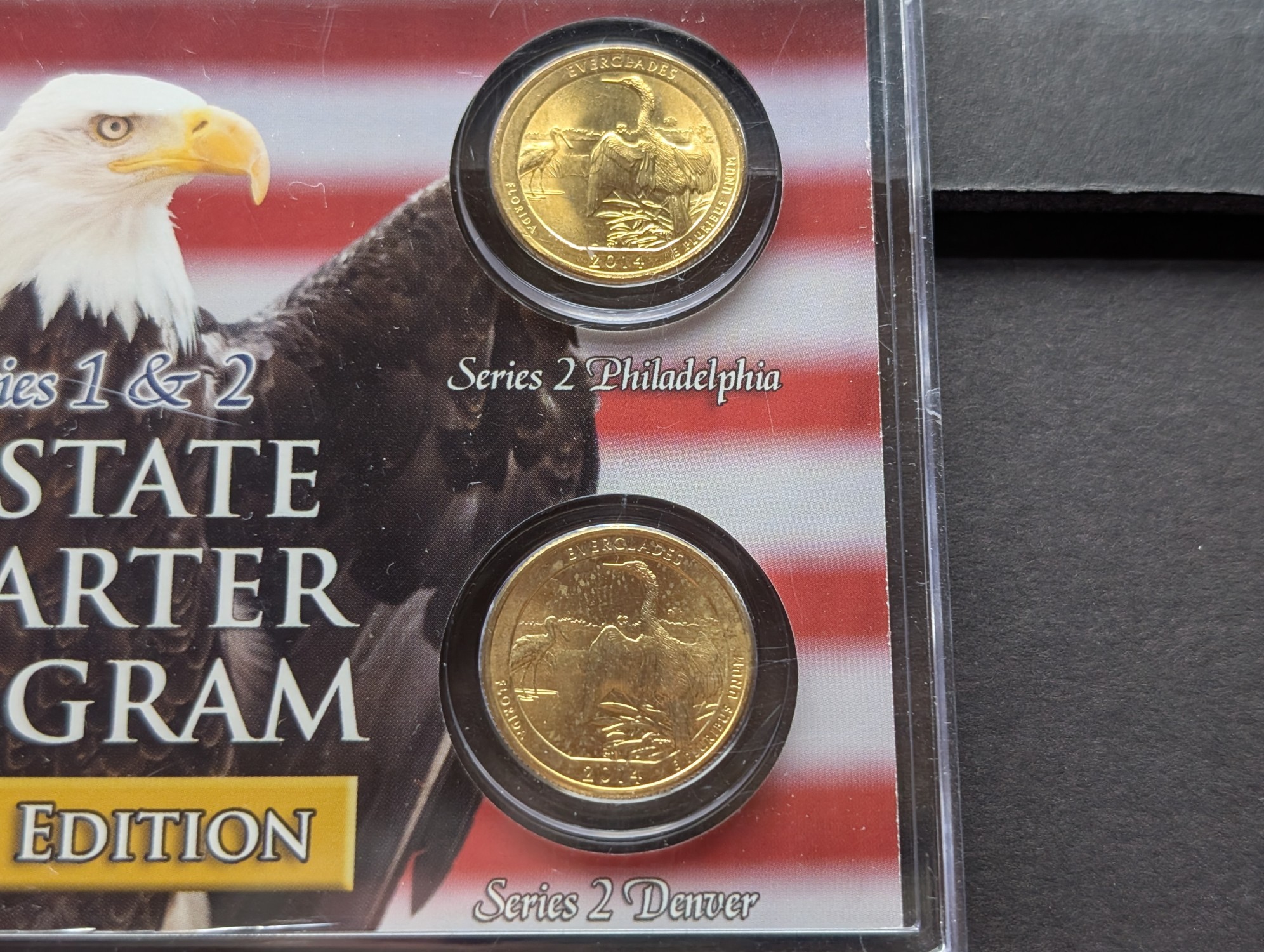 Gold (LAYERED) P&D Mint 2004 Florida Statehood & 2014 Everglades ATB Park Quarter 4-Coin Collection in Protective Plastic Case w/ COA