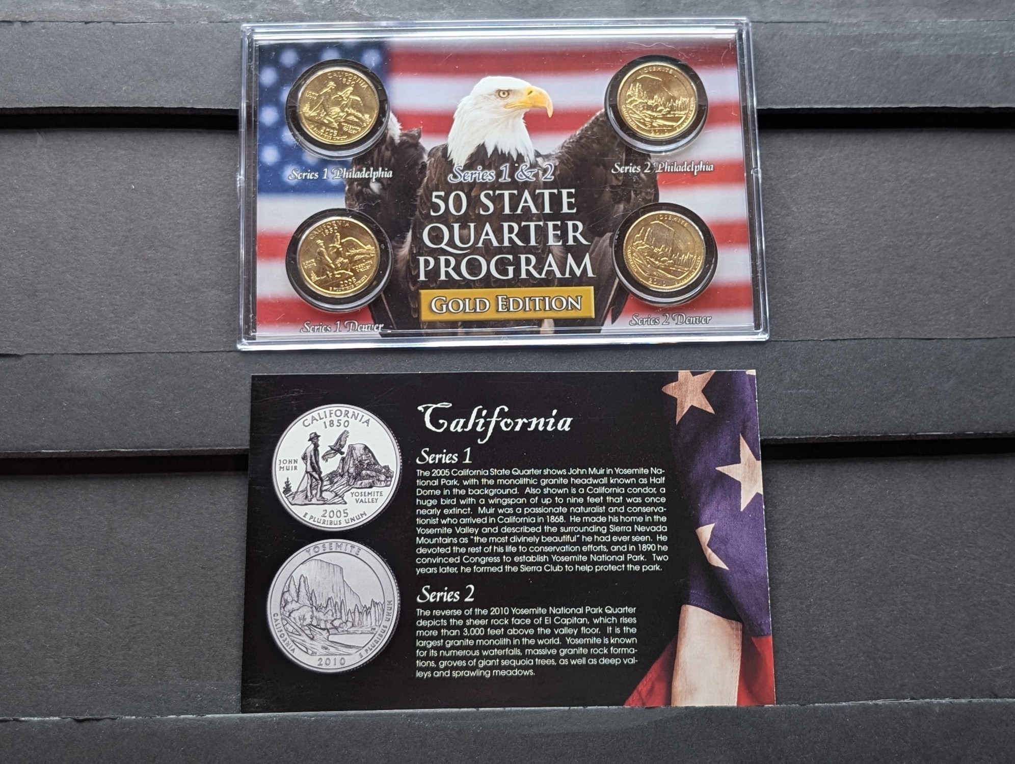 Gold (LAYERED) P&D Mint 2005 California Statehood & 2010 Yosemite ATB Park Quarter 4-Coin Collection in Protective Plastic Case w/ COA